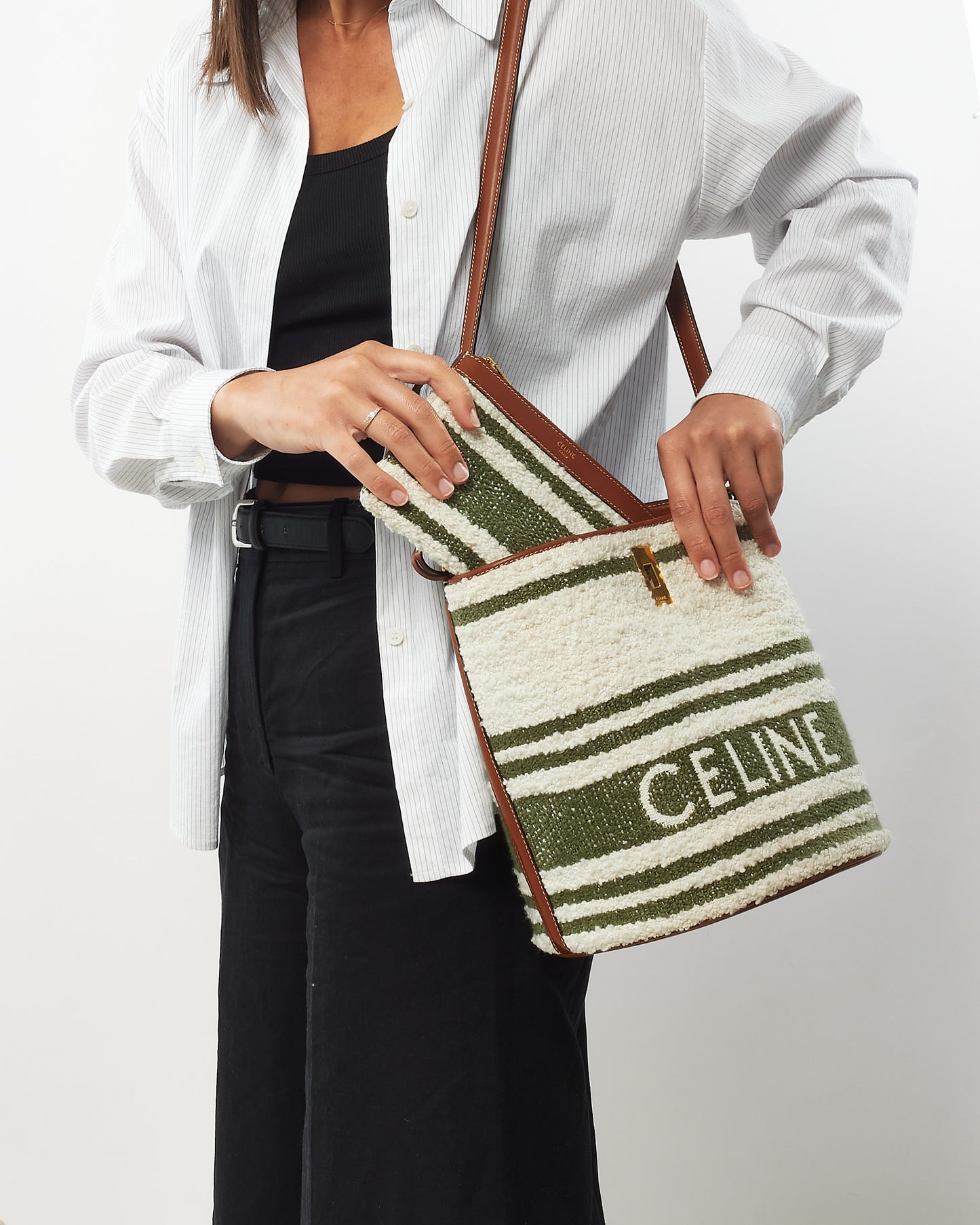 Celine Green & White Striped Tweed and Leather Logo Bucket Seau 16 Bag