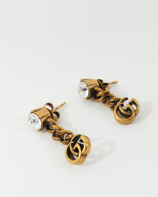 Gucci Gold GG Logo Dangle Rhinestone Earrings