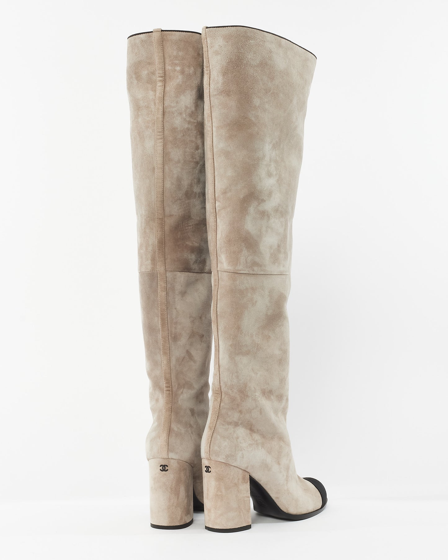 Chanel Grey Suede Over The Knee Cap Toe Boots - 38