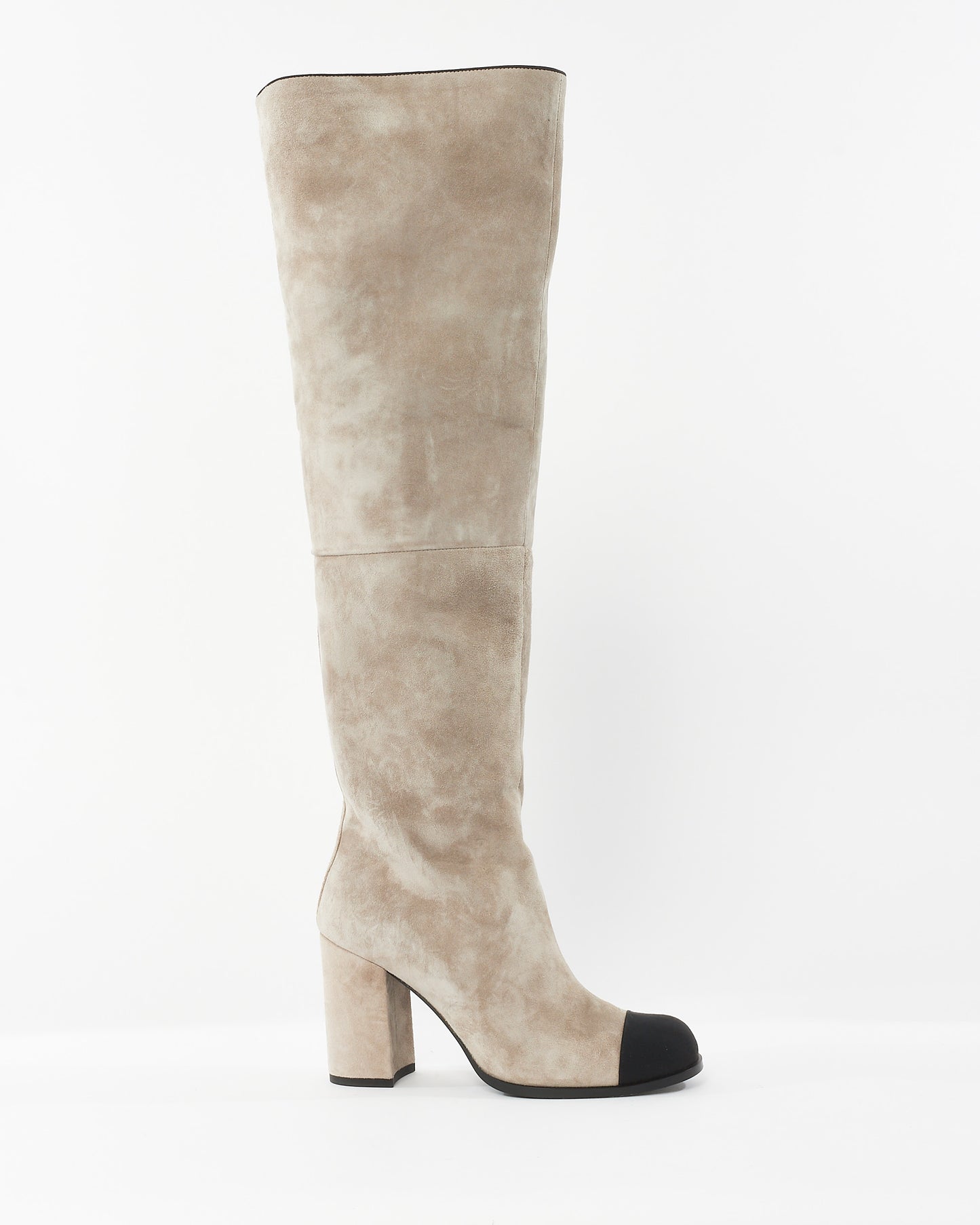 Chanel Grey Suede Over The Knee Cap Toe Boots - 38