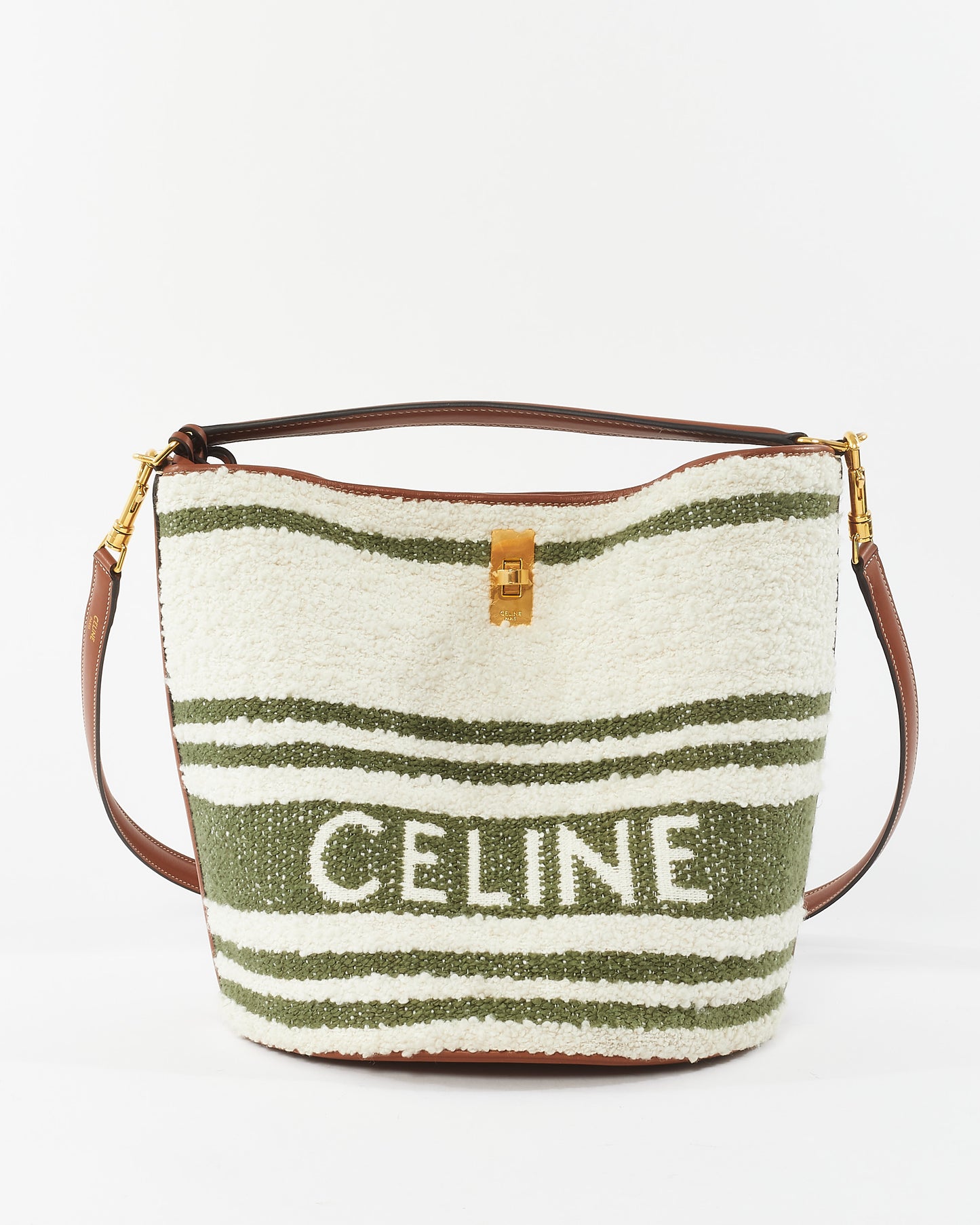 Celine Green & White Striped Tweed and Leather Logo Bucket Seau 16 Bag