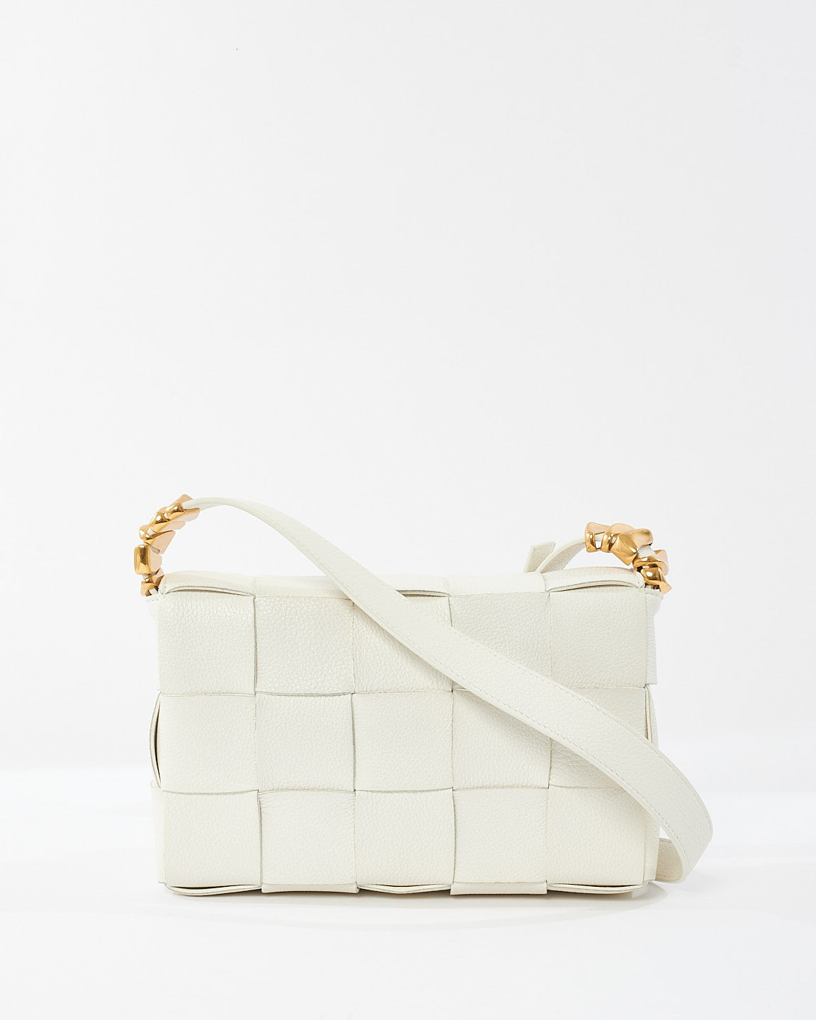 Bottega Veneta White Intrecciato Leather Gold Detail Casette Bag