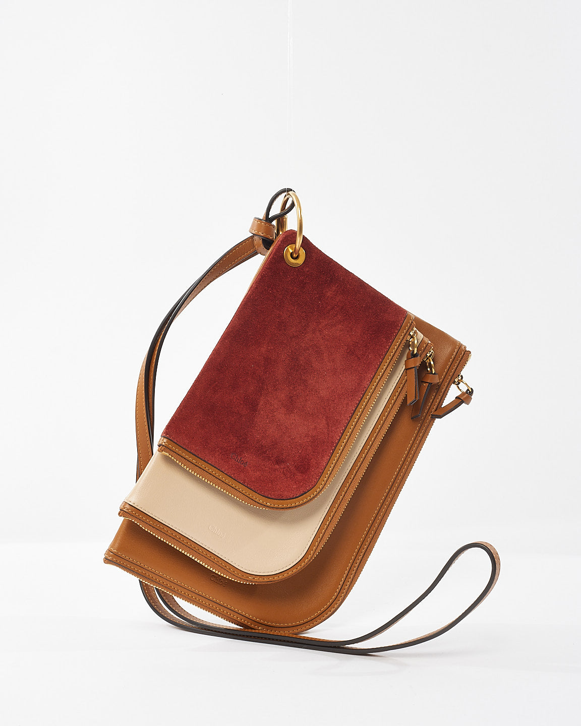 Chloé Tan/ Pink Leather & Red Suede Trio Pouch Wristlet