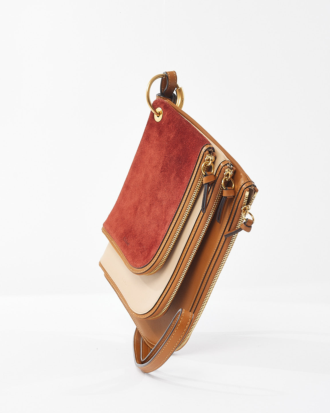 Chloé Tan/ Pink Leather & Red Suede Trio Pouch Wristlet