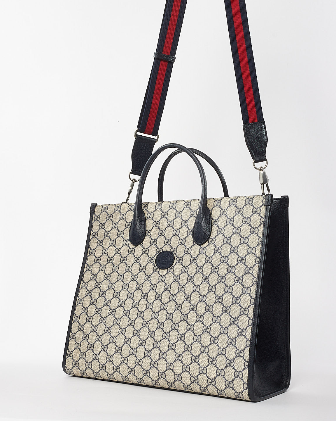 Gucci Navy & Beige Monogram GG Coated Canvas Medium Tote Bag w/ Web Strap