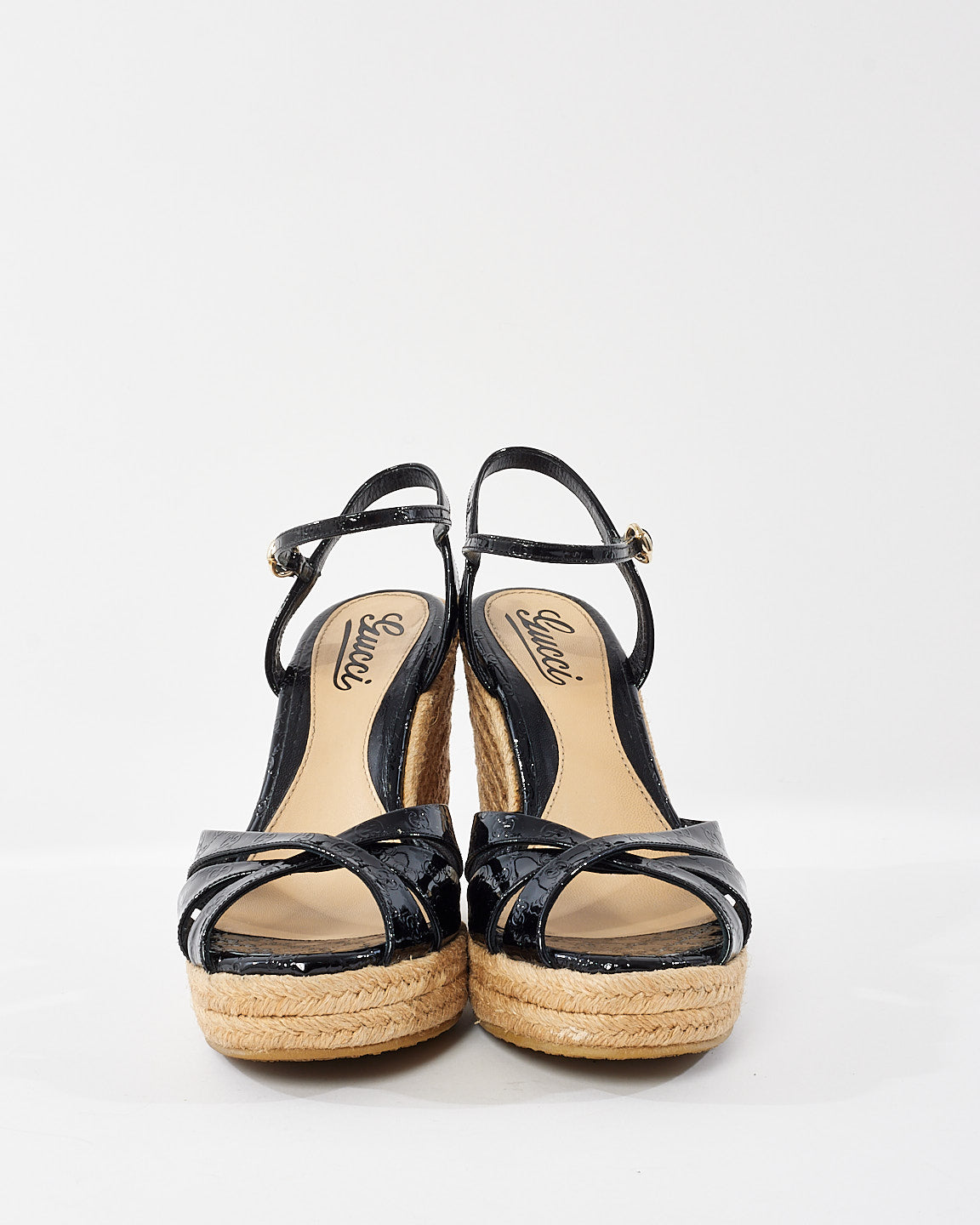 Gucci Black Monogram Patent Leather & Espadrille Wedge Sandals - 37.5