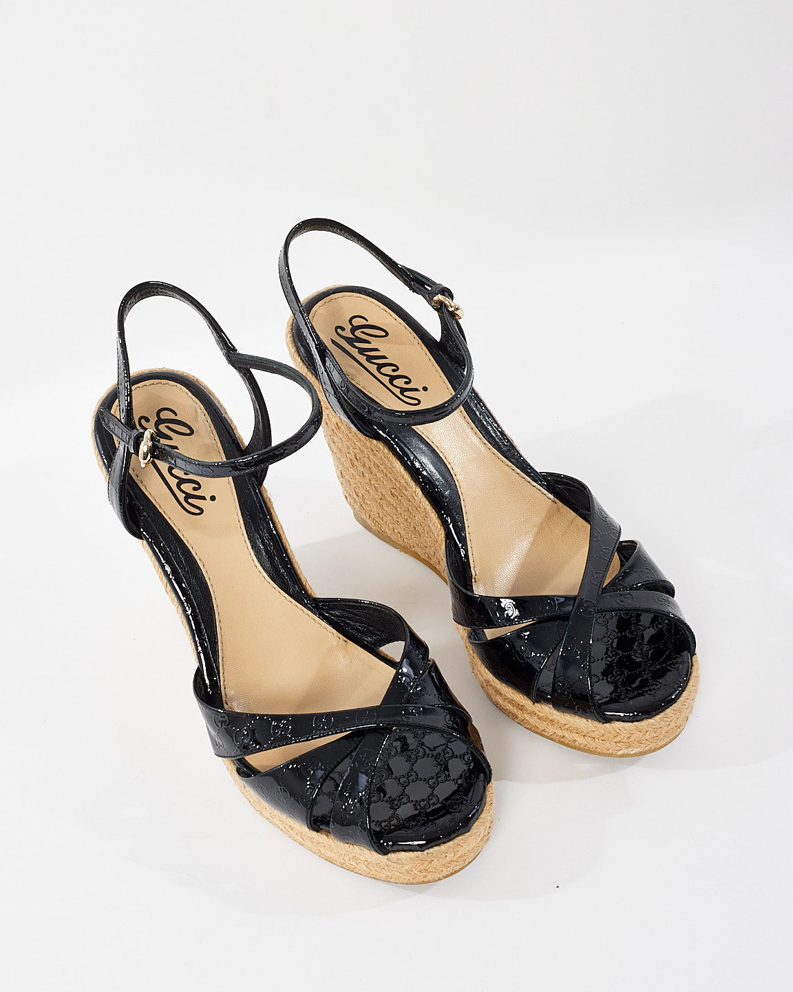 Gucci Black Monogram Patent Leather & Espadrille Wedge Sandals - 37.5