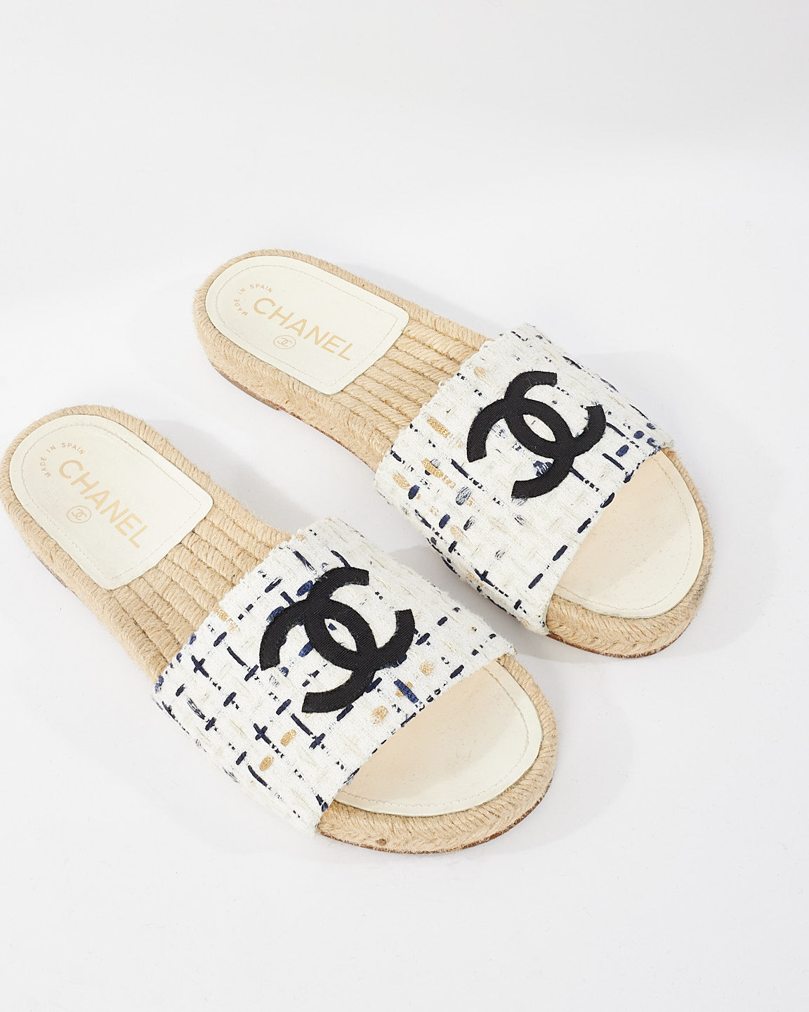 Chanel White Navy & Gold Tweed Logo Espadrille Sandals - 38