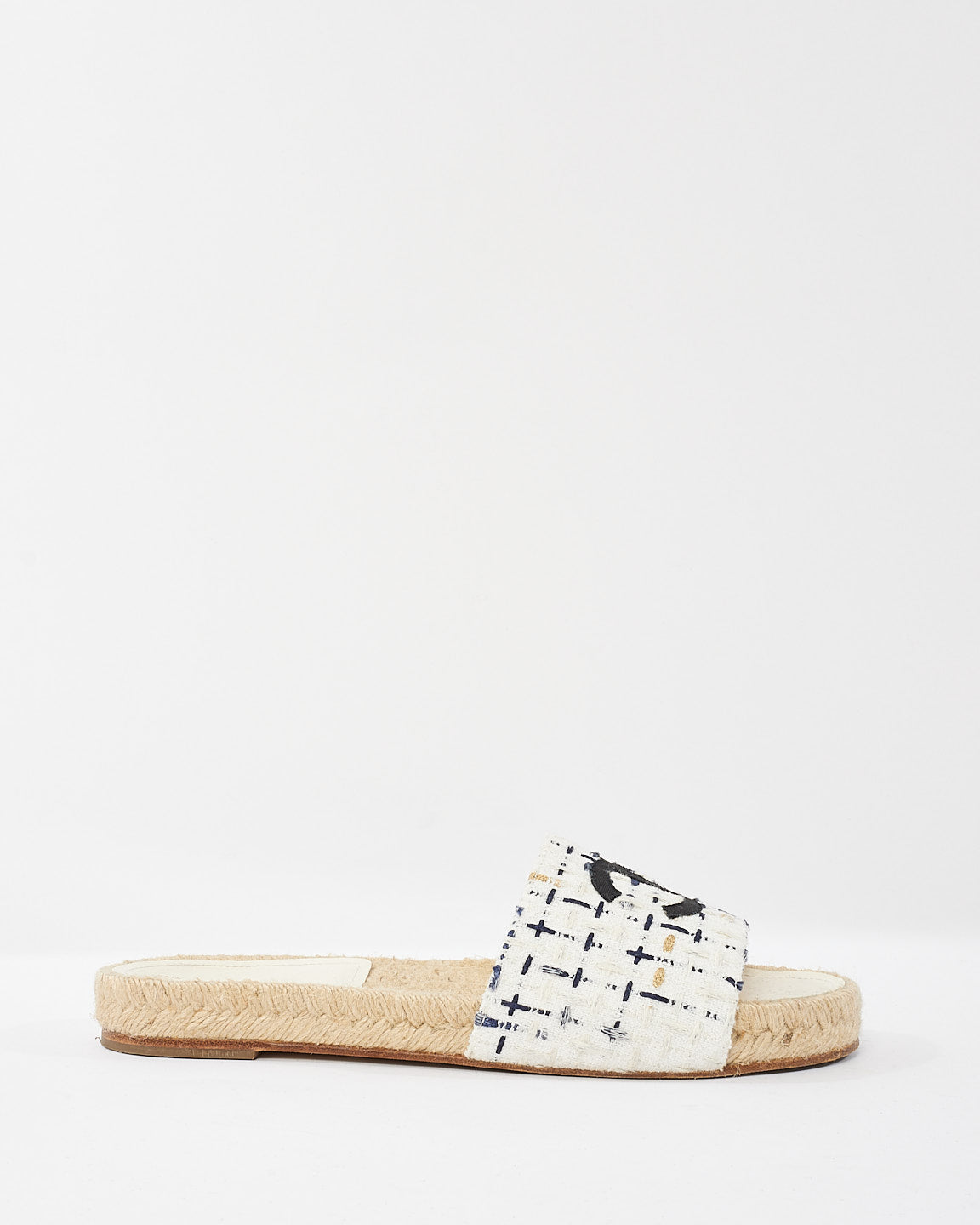 Chanel White Navy & Gold Tweed Logo Espadrille Sandals - 38