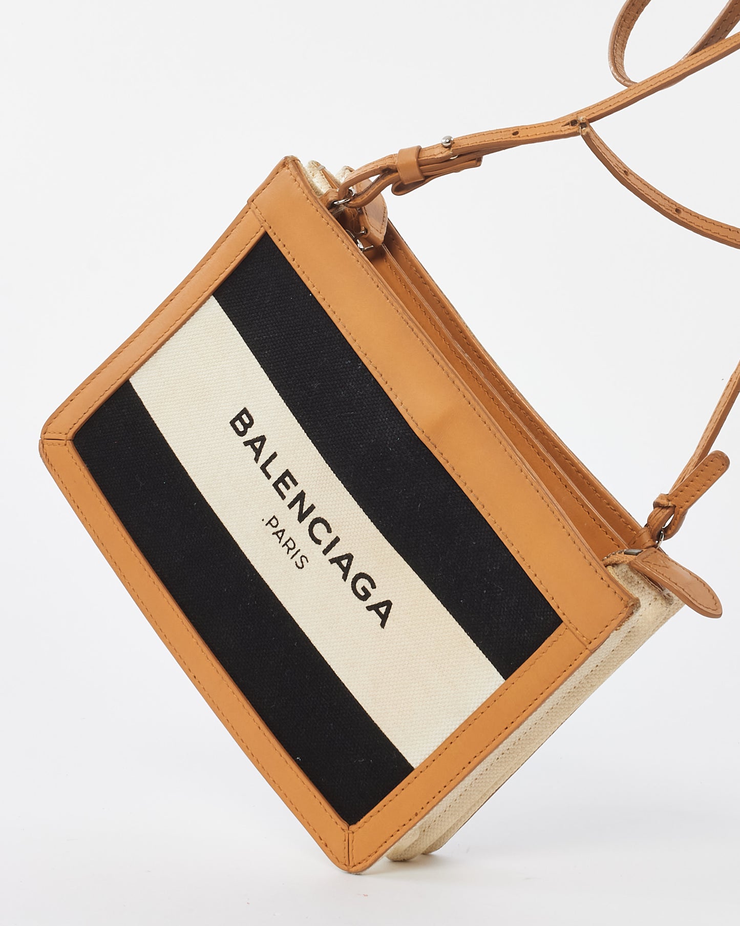 Balenciaga Black & White Canvas Logo Pochette Shoulder Bag