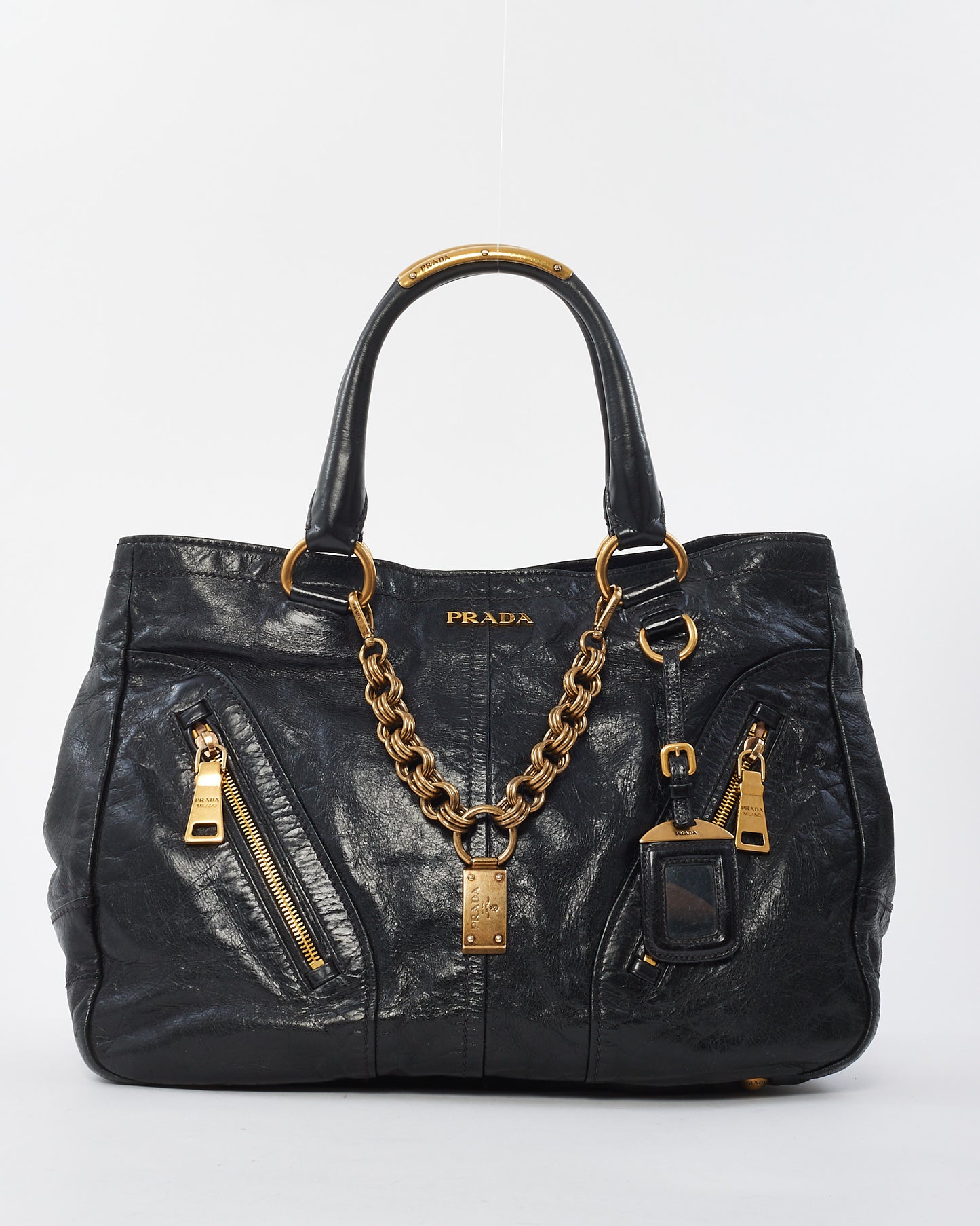 Prada Vintage Black Leather & Gold Zipper Detail Shoulder Bag