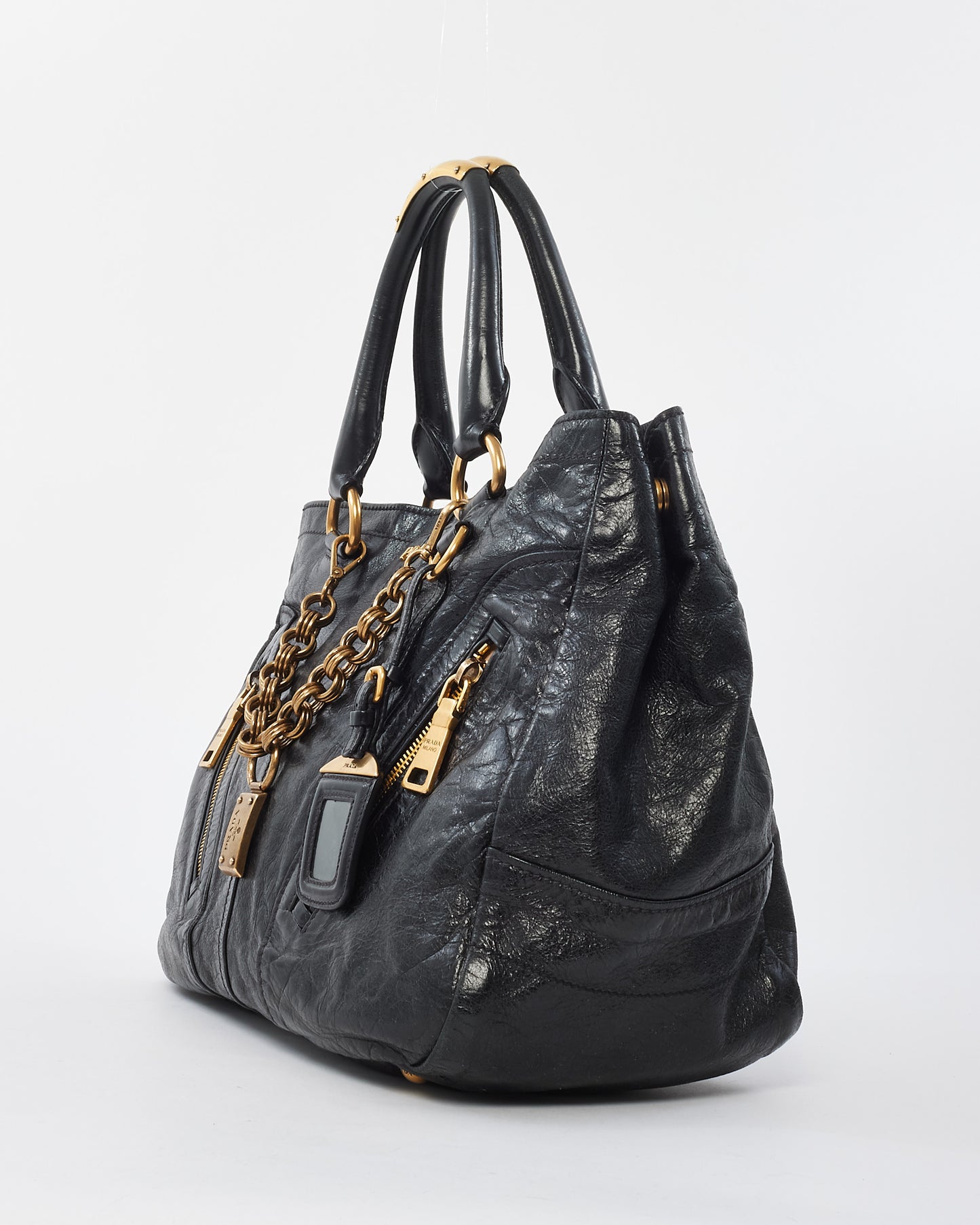 Prada Vintage Black Leather & Gold Zipper Detail Shoulder Bag