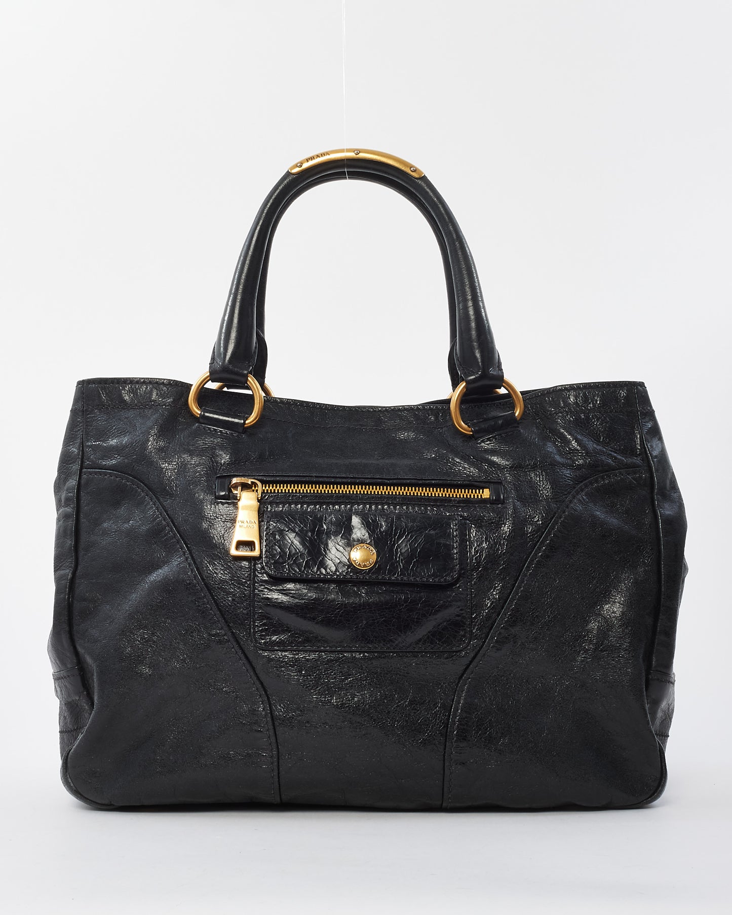 Prada Vintage Black Leather & Gold Zipper Detail Shoulder Bag