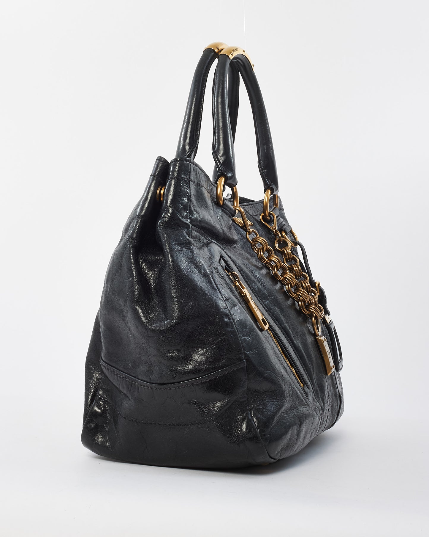 Prada Vintage Black Leather & Gold Zipper Detail Shoulder Bag