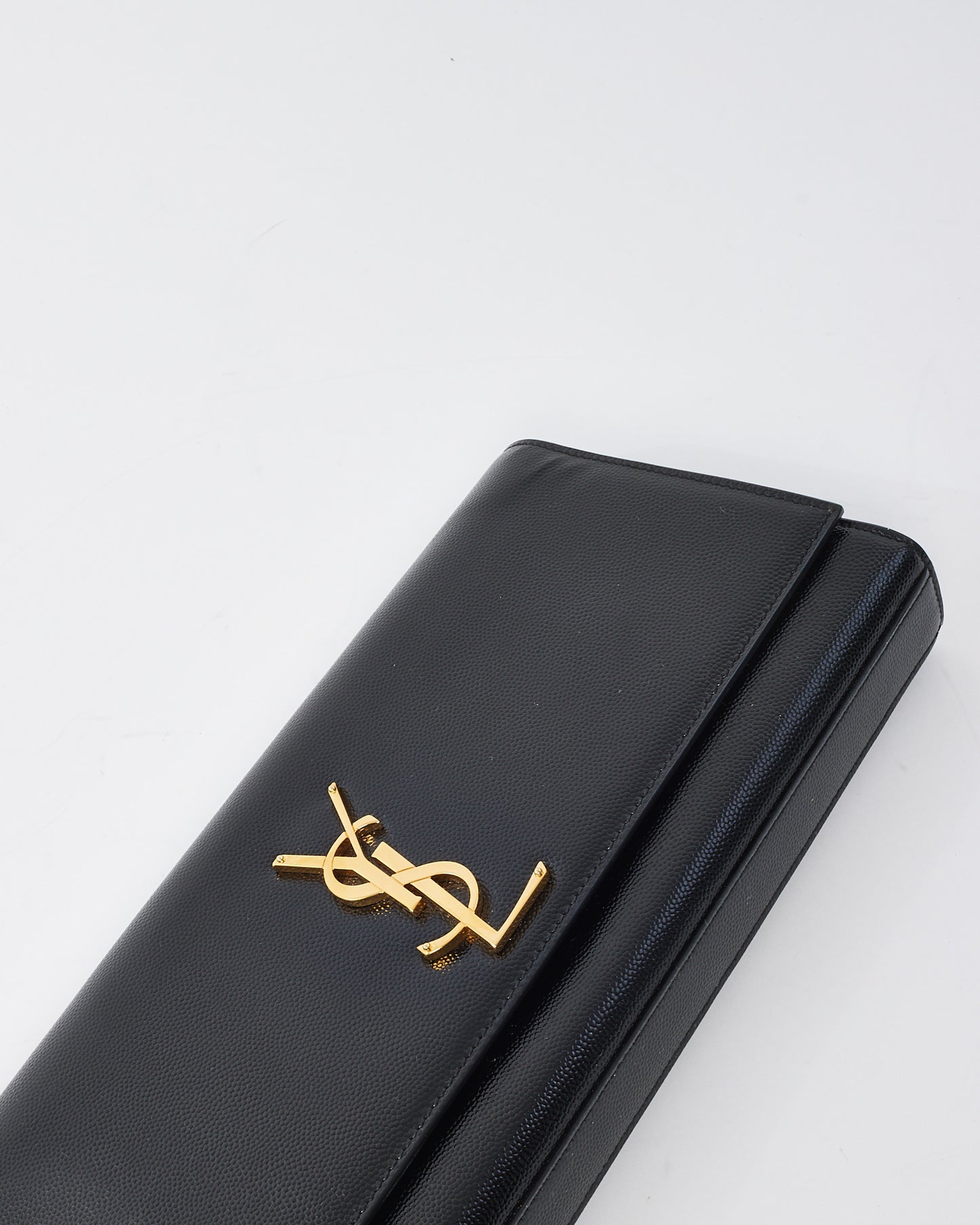 Saint Laurent Black Grained Leather YSL Logo Embossed Clutch