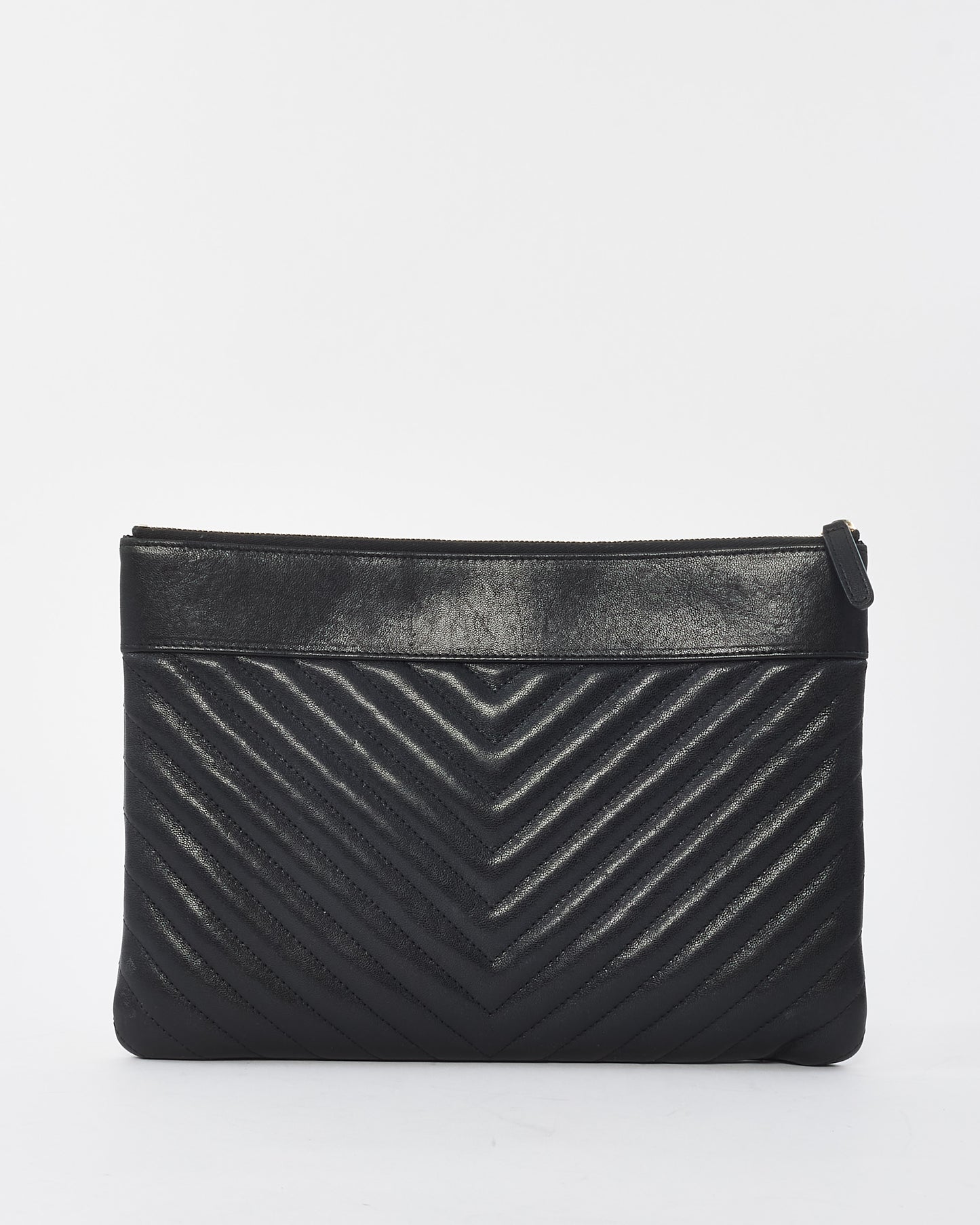 Chanel Black Chevron Leather Logo Zippered Pouch