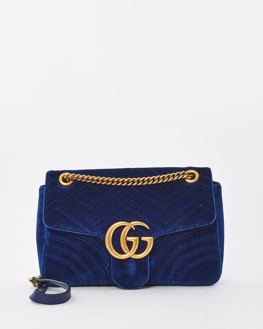 Gucci Blue Velvet Marmont Medium Flap Shoulder Bag