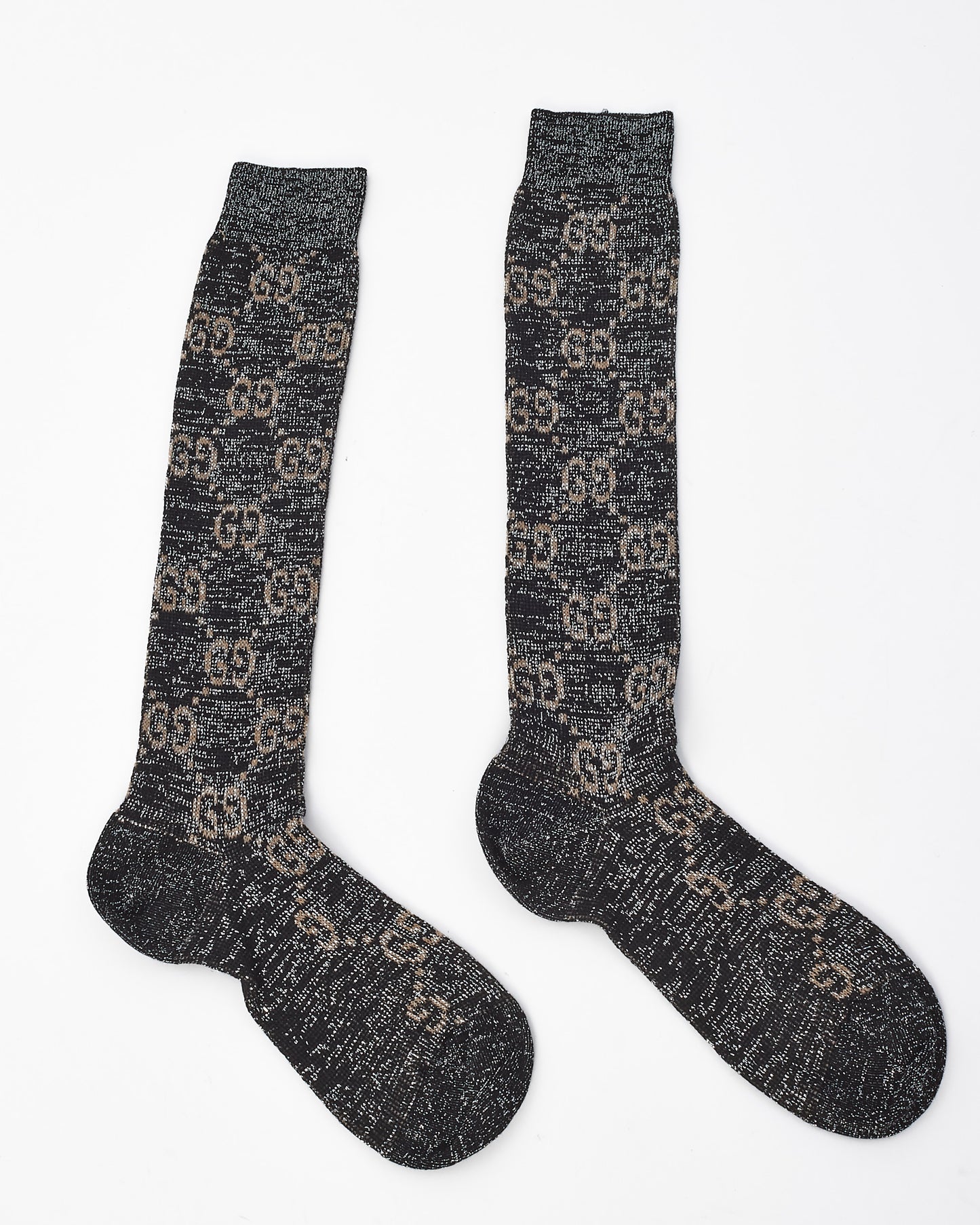 Gucci Black Sparkly Lurex & Beige Monogram Logo Knit Socks - S