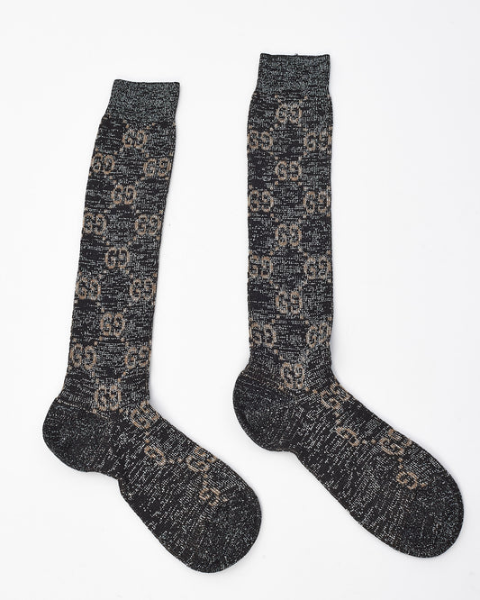 Gucci Black Sparkly Lurex & Beige Monogram Logo Knit Socks - S