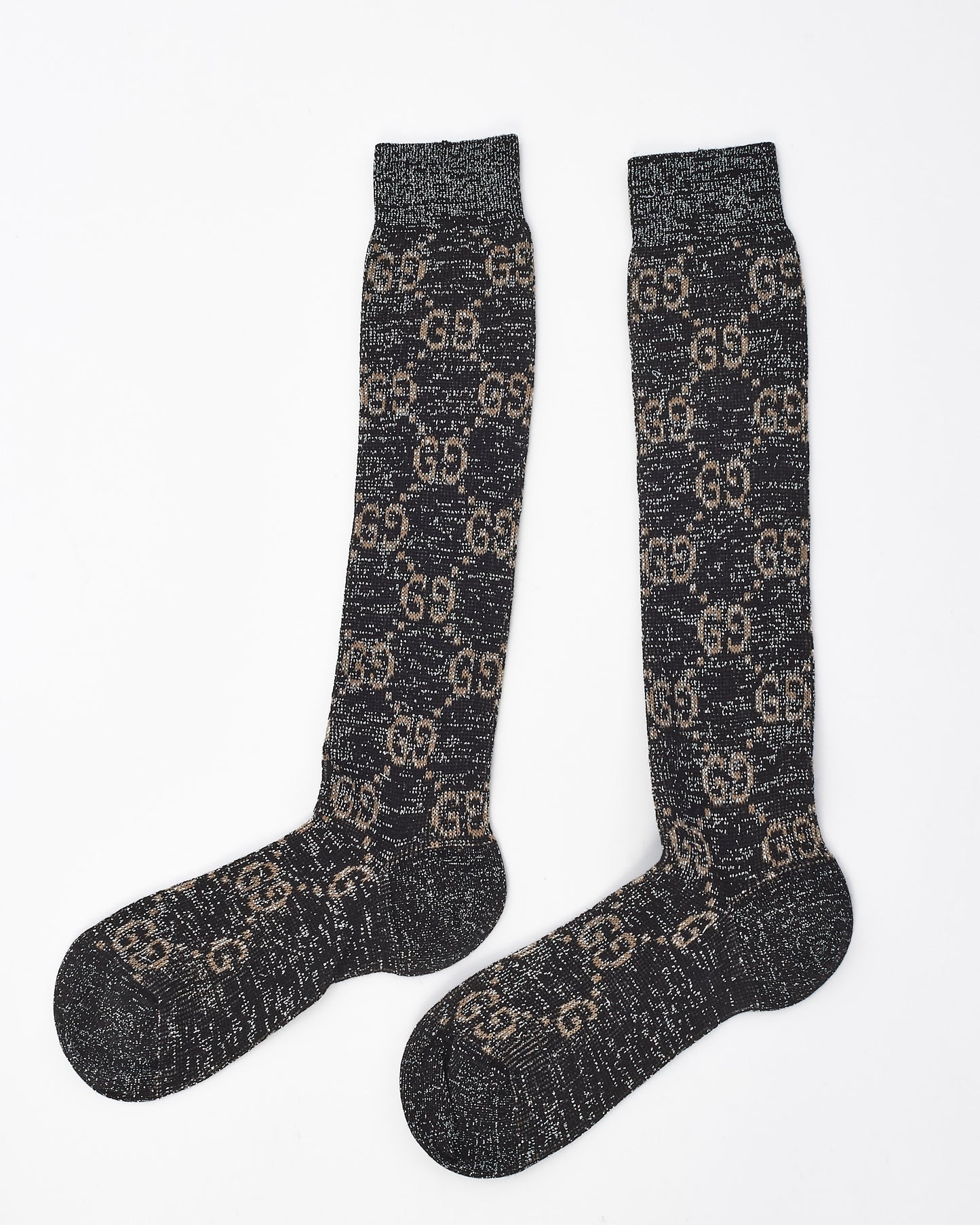 Gucci Black Sparkly Lurex & Beige Monogram Logo Knit Socks - S