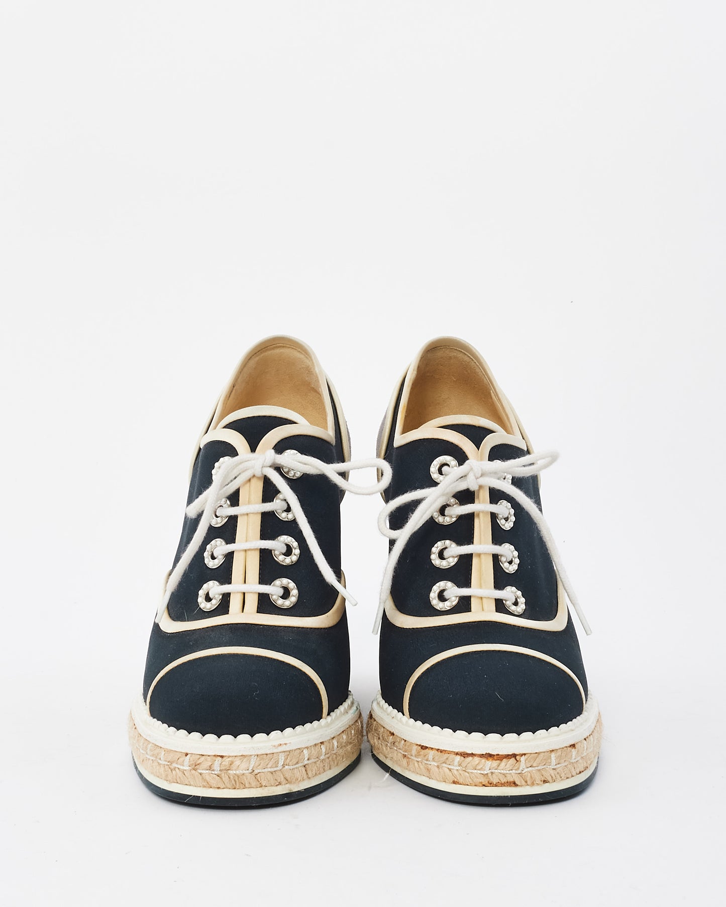 Chanel Navy & White Canvas Platform Espadrille Wedges - 37.5