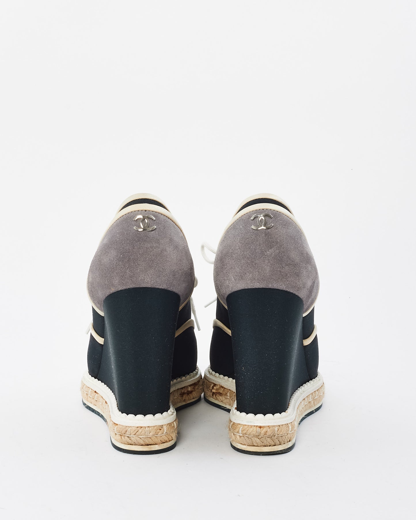 Chanel Navy & White Canvas Platform Espadrille Wedges - 37.5