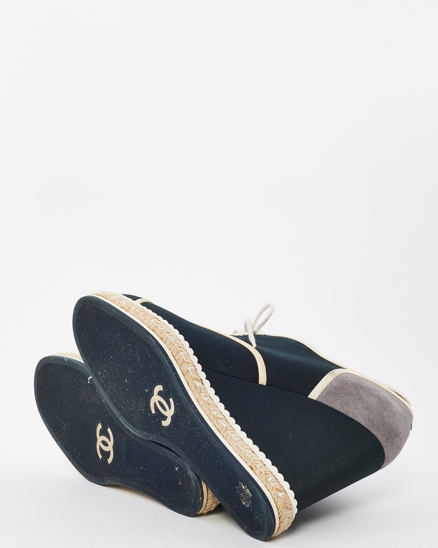 Chanel Navy & White Canvas Platform Espadrille Wedges - 37.5