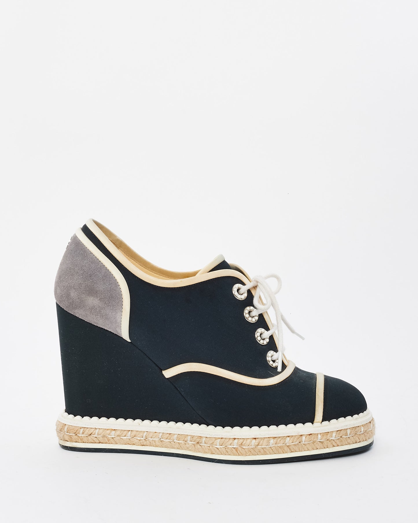 Chanel Navy & White Canvas Platform Espadrille Wedges - 37.5