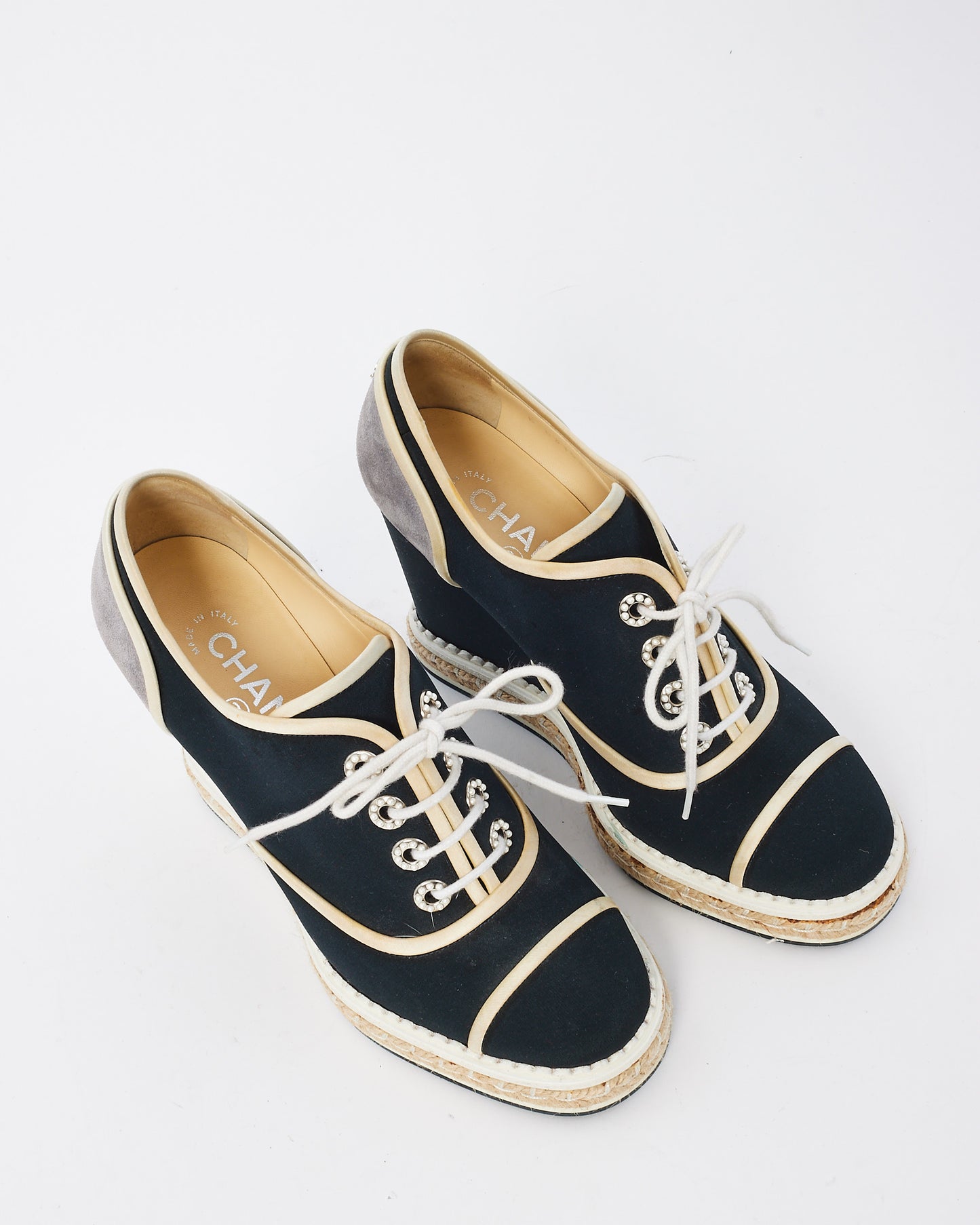 Chanel Navy & White Canvas Platform Espadrille Wedges - 37.5