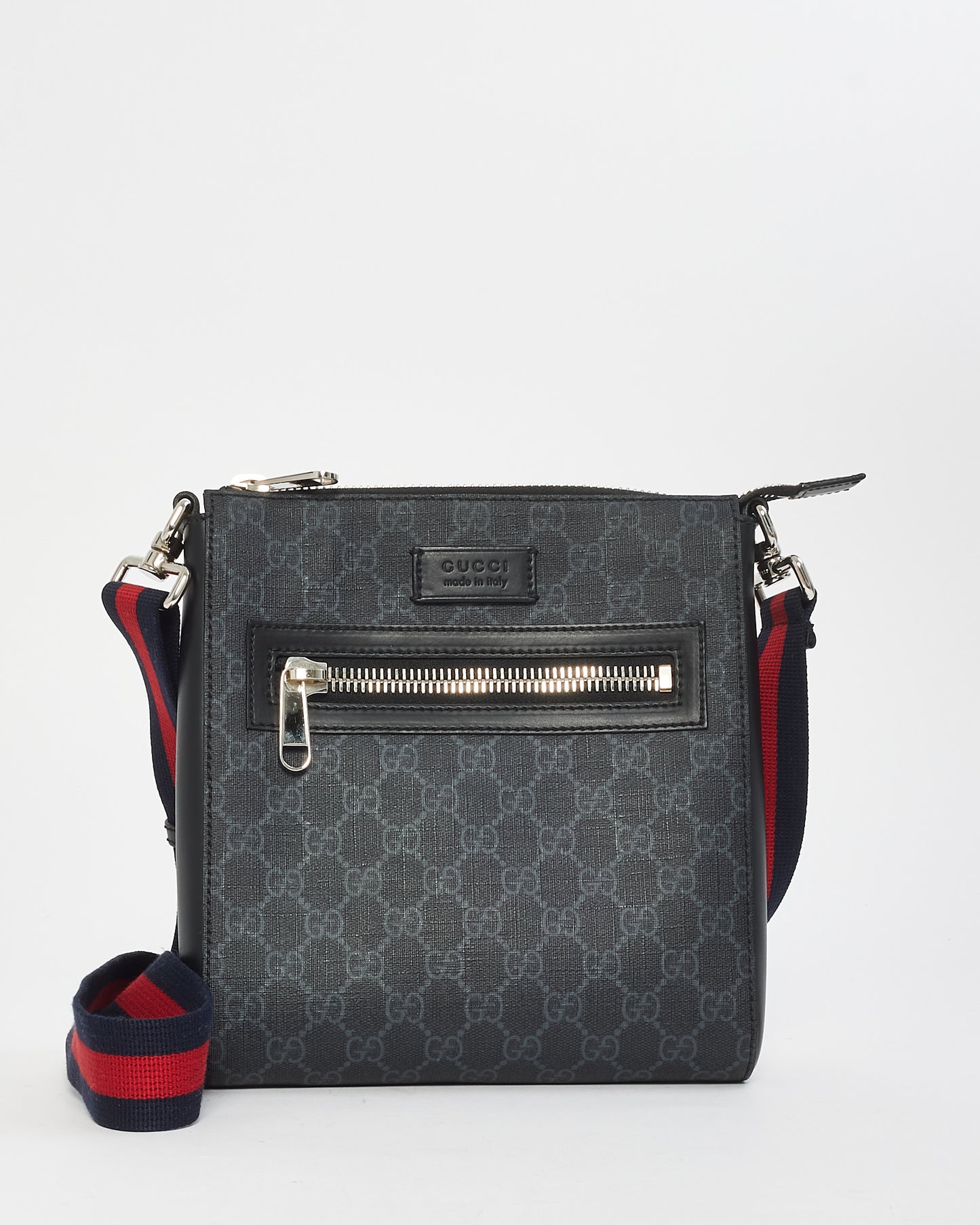 Gucci Black GG Supreme Monogram Canvas Small Web Flat Messenger Bag