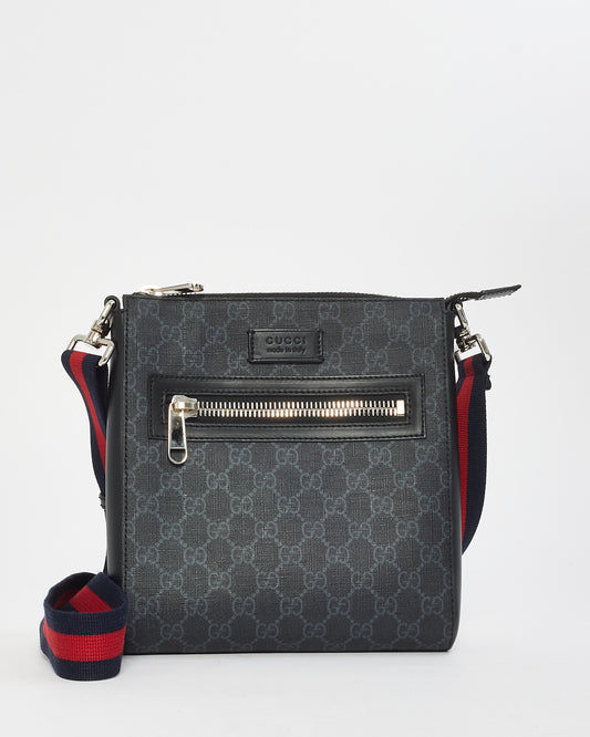 Gucci Black GG Supreme Monogram Canvas Small Web Flat Messenger Bag