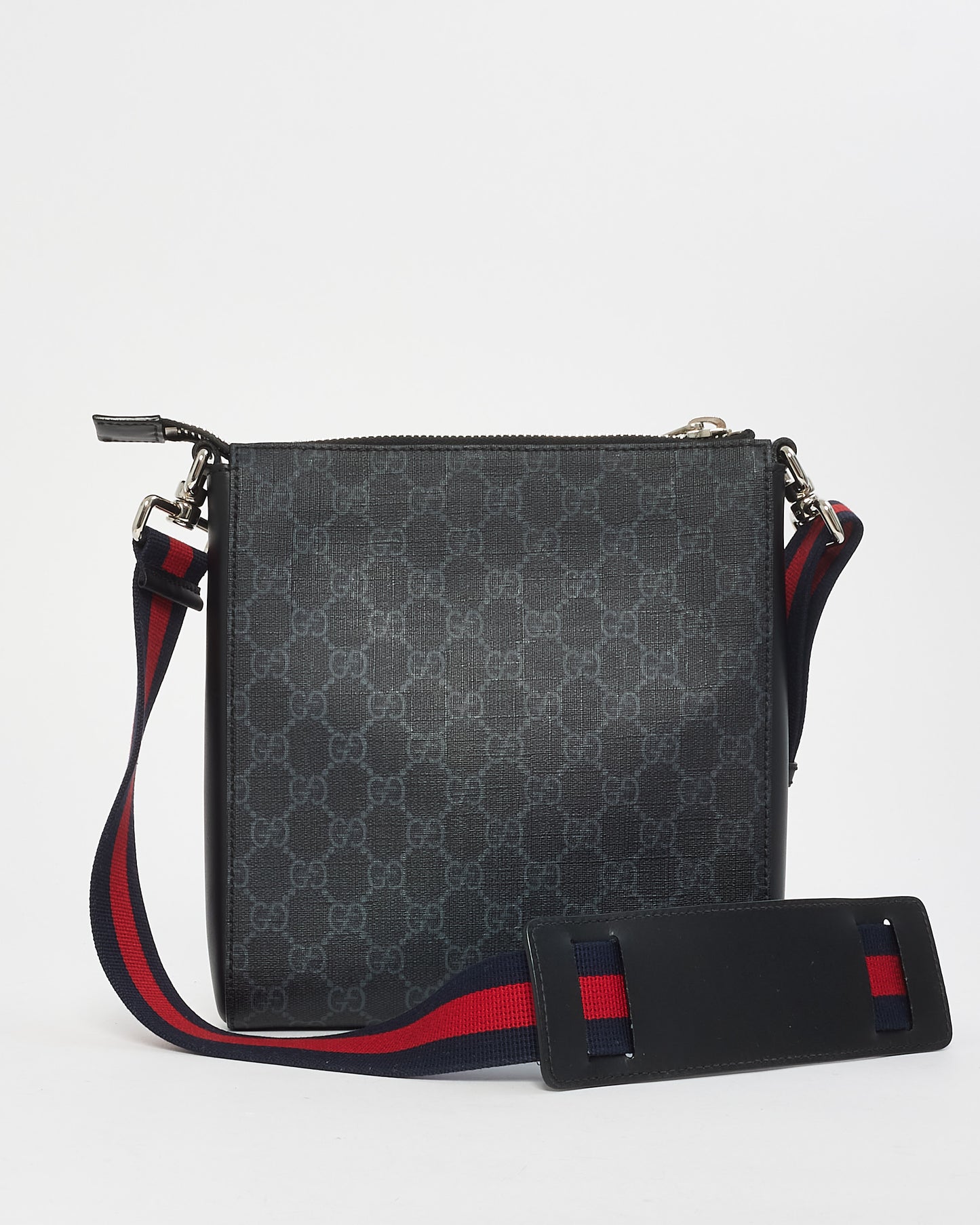 Gucci Black GG Supreme Monogram Canvas Small Web Flat Messenger Bag