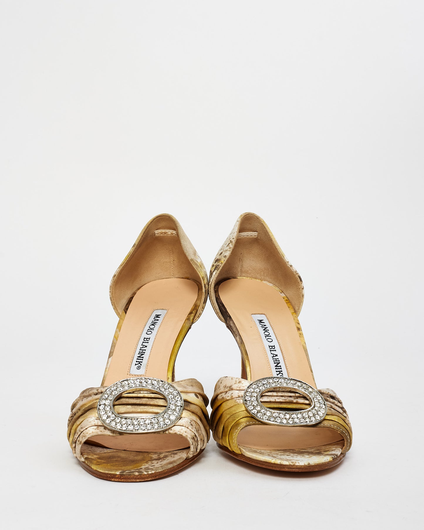 Manolo Blahnik Printed Yellow/Brown/White Satin Sedaraby D'Orsay Pumps