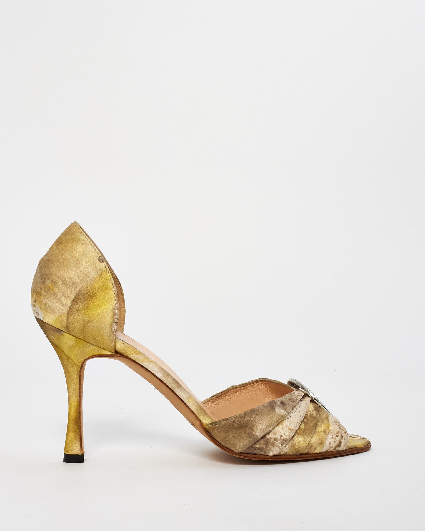 Manolo Blahnik Printed Yellow/Brown/White Satin Sedaraby D'Orsay Pumps