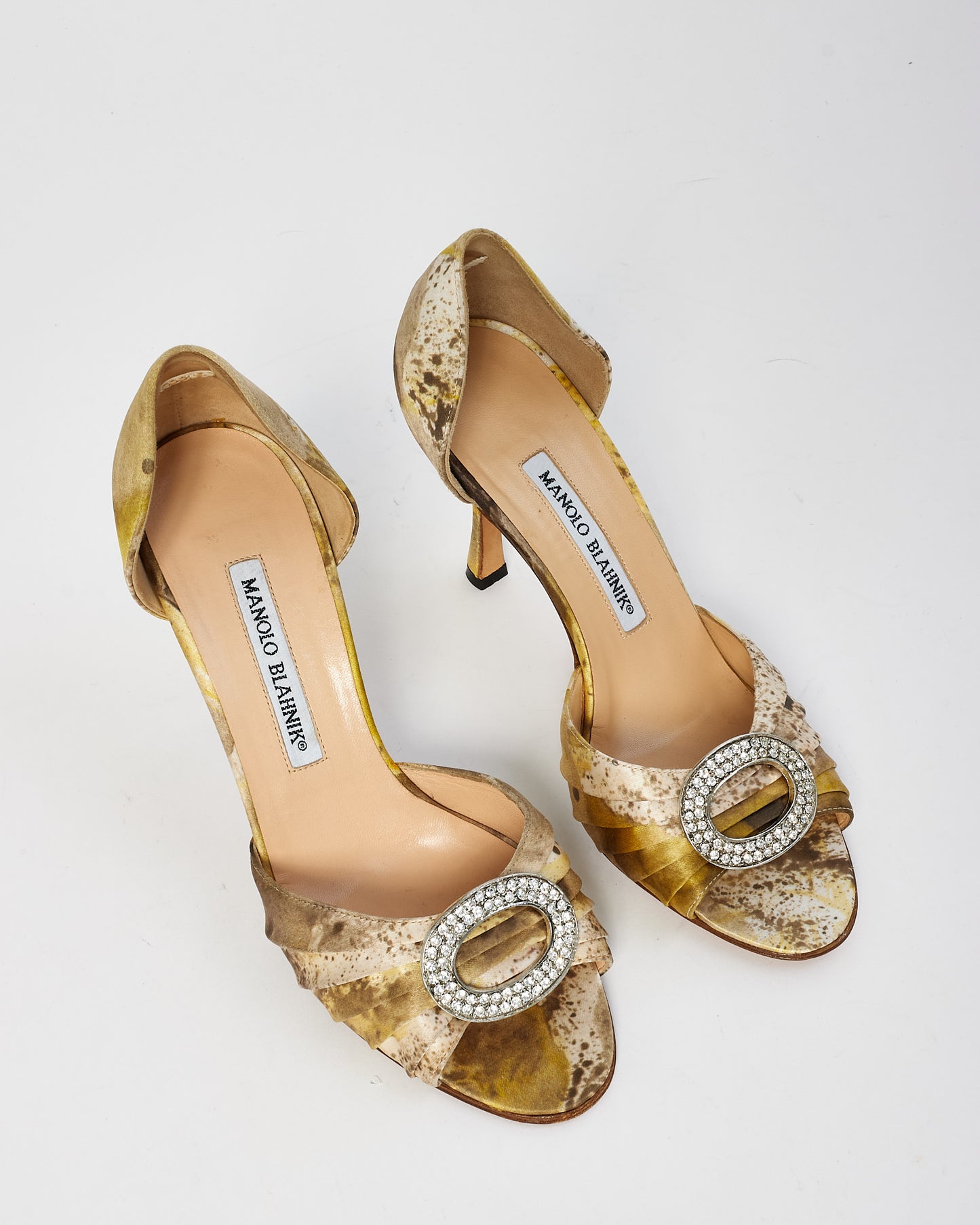 Manolo Blahnik Printed Yellow/Brown/White Satin Sedaraby D'Orsay Pumps