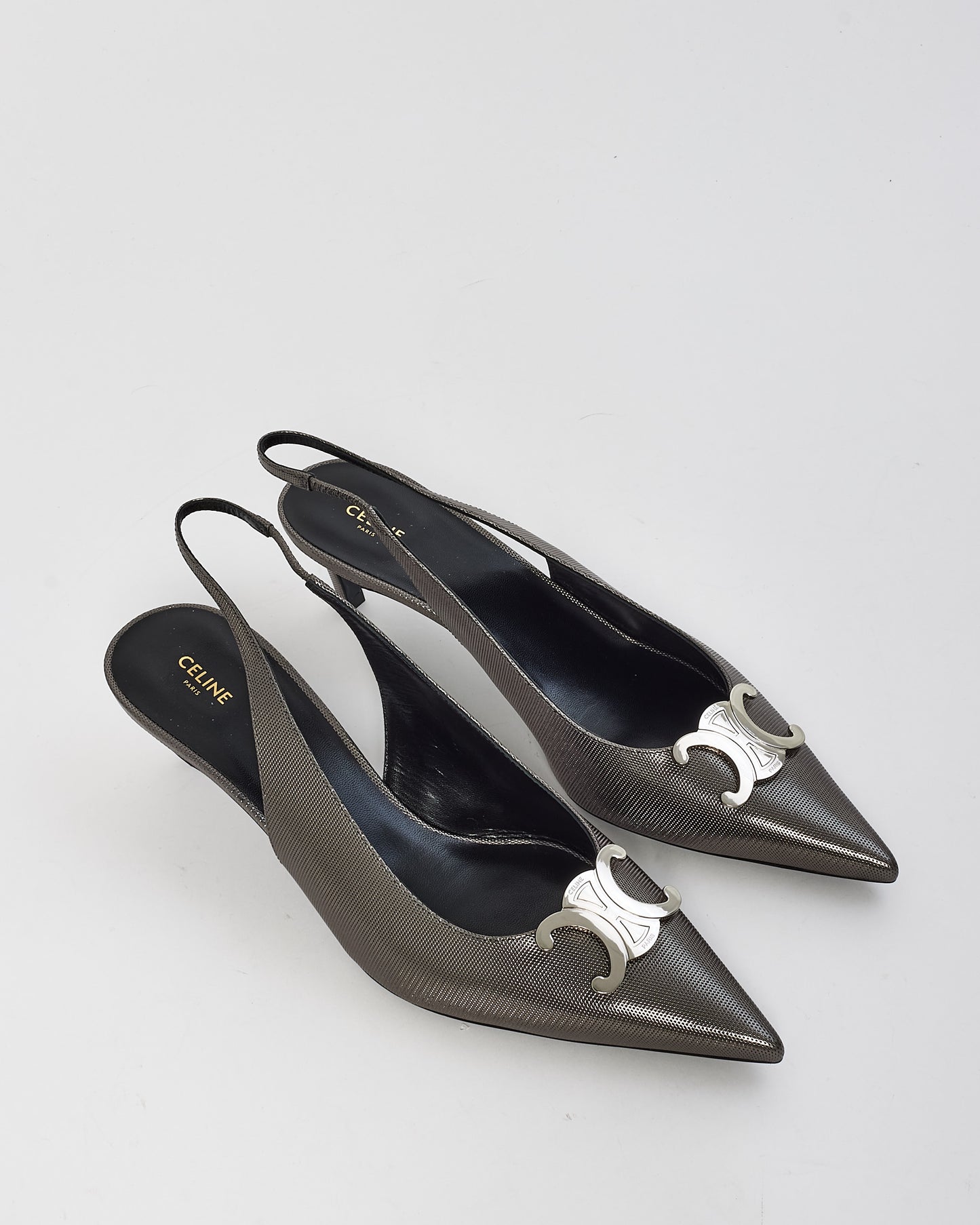 Celine Silver Alma Slingback Triomphe Pumps - 41