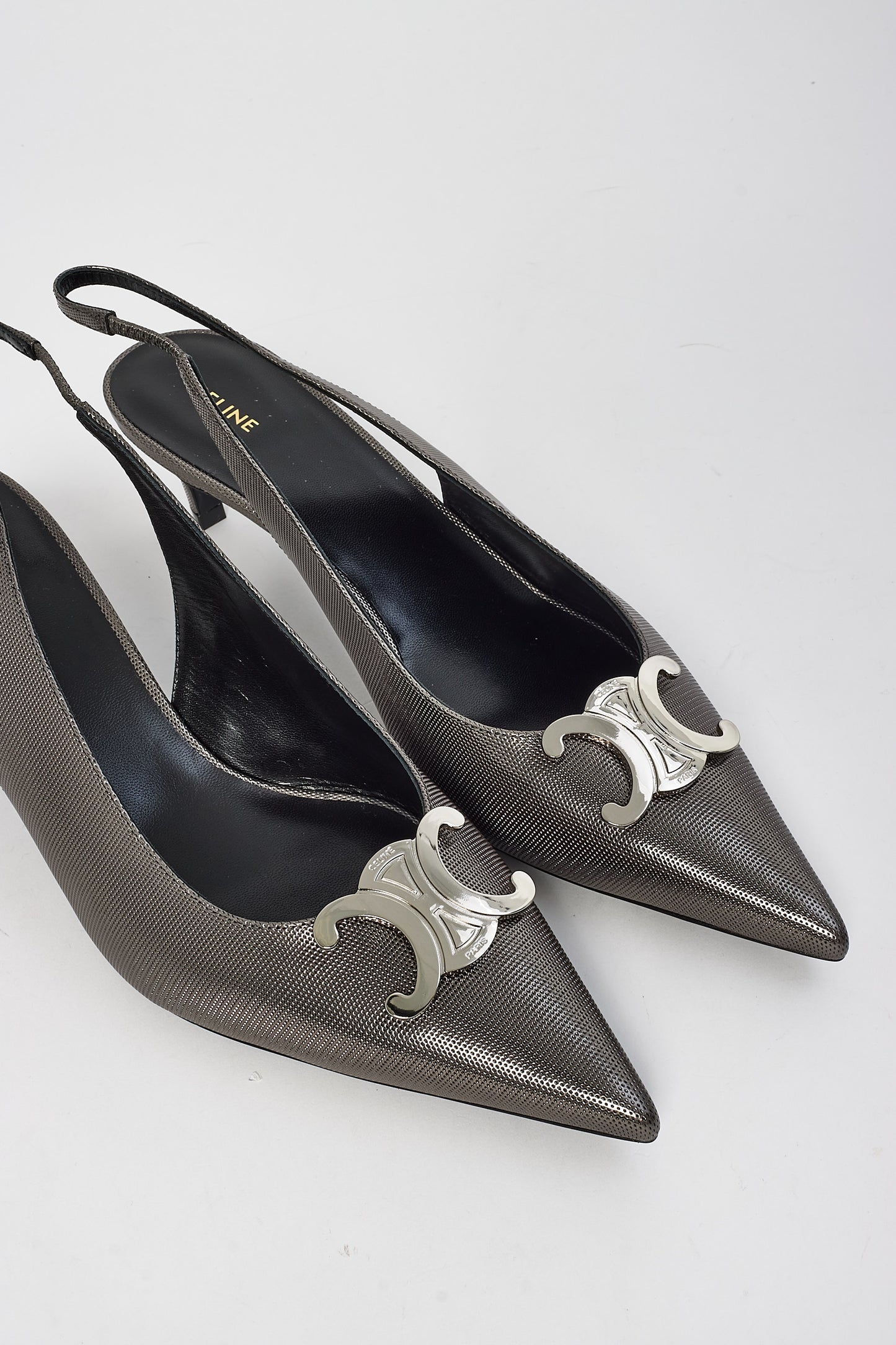 Celine Silver Alma Slingback Triomphe Pumps - 41