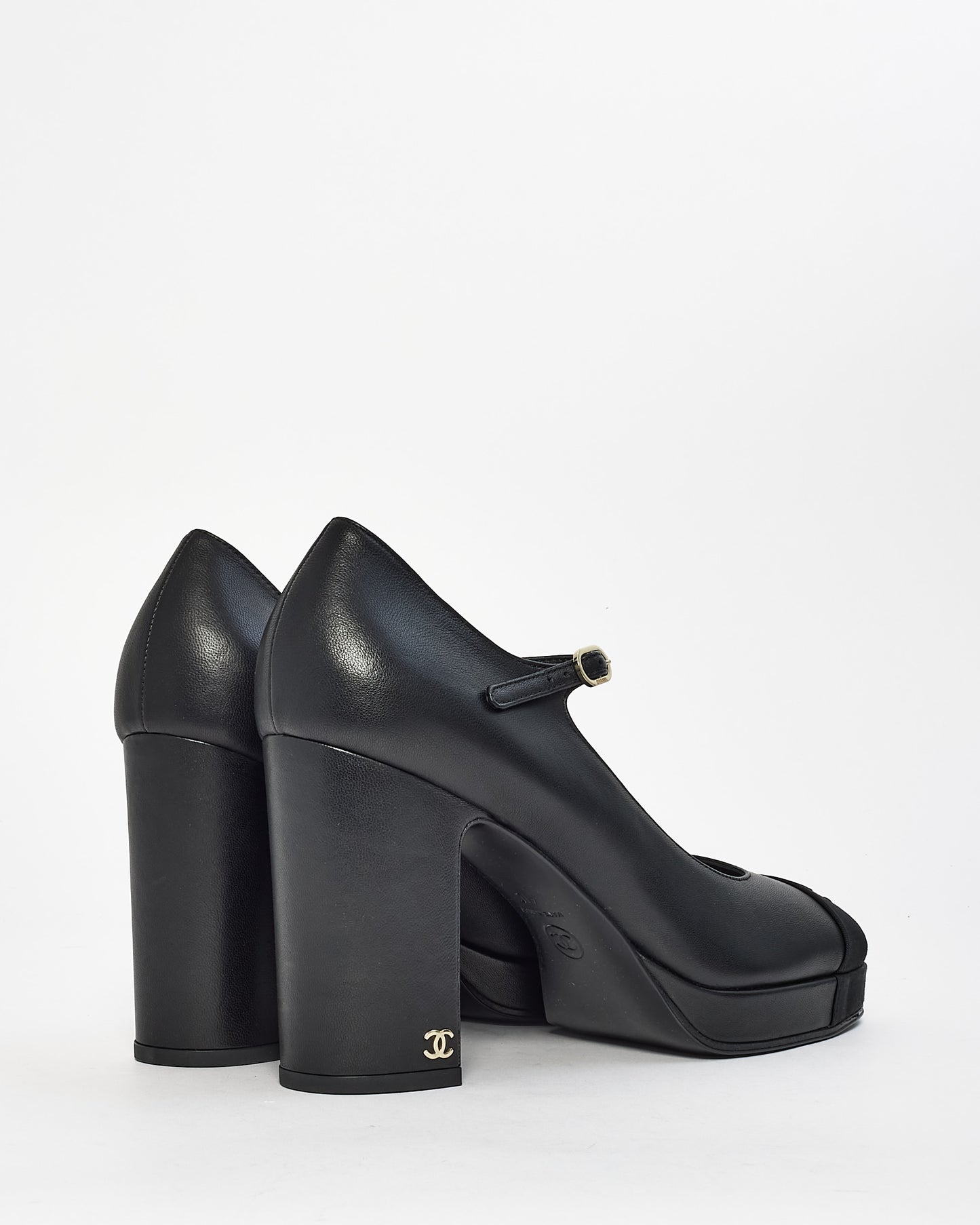 Chanel Black Lambskin Leather Platform Block Heel Mary Jane Pumps - 41C