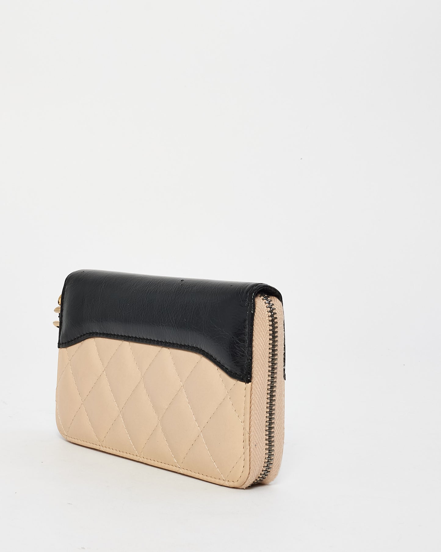 Chanel Beige & Black Lambskin Leather Quilted Zip Wallet