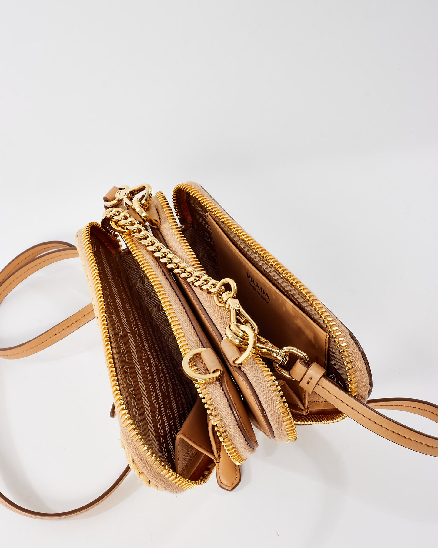 Prada Beige Raffia Crochet & Leather Mini Pouch Crossbody Bag