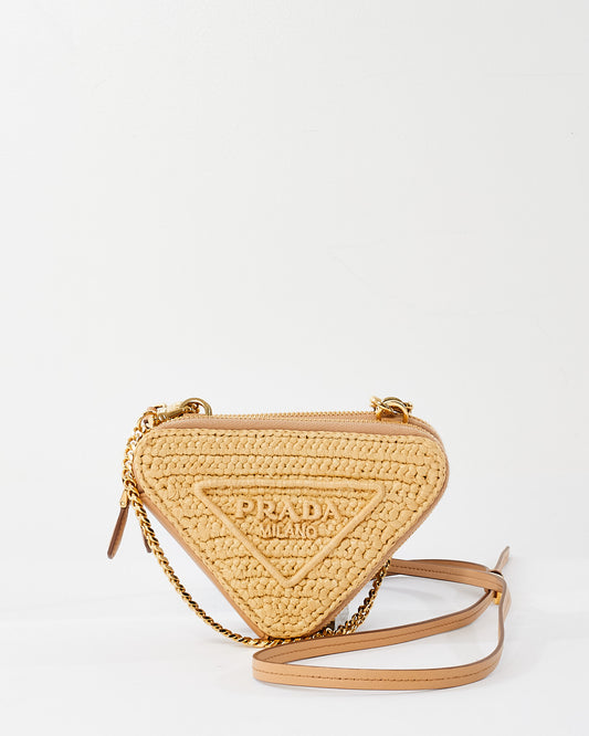 Prada Beige Raffia Crochet & Leather Mini Pouch Crossbody Bag