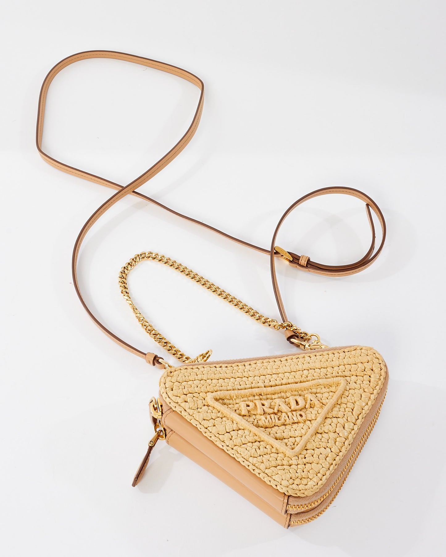 Prada Beige Raffia Crochet & Leather Mini Pouch Crossbody Bag