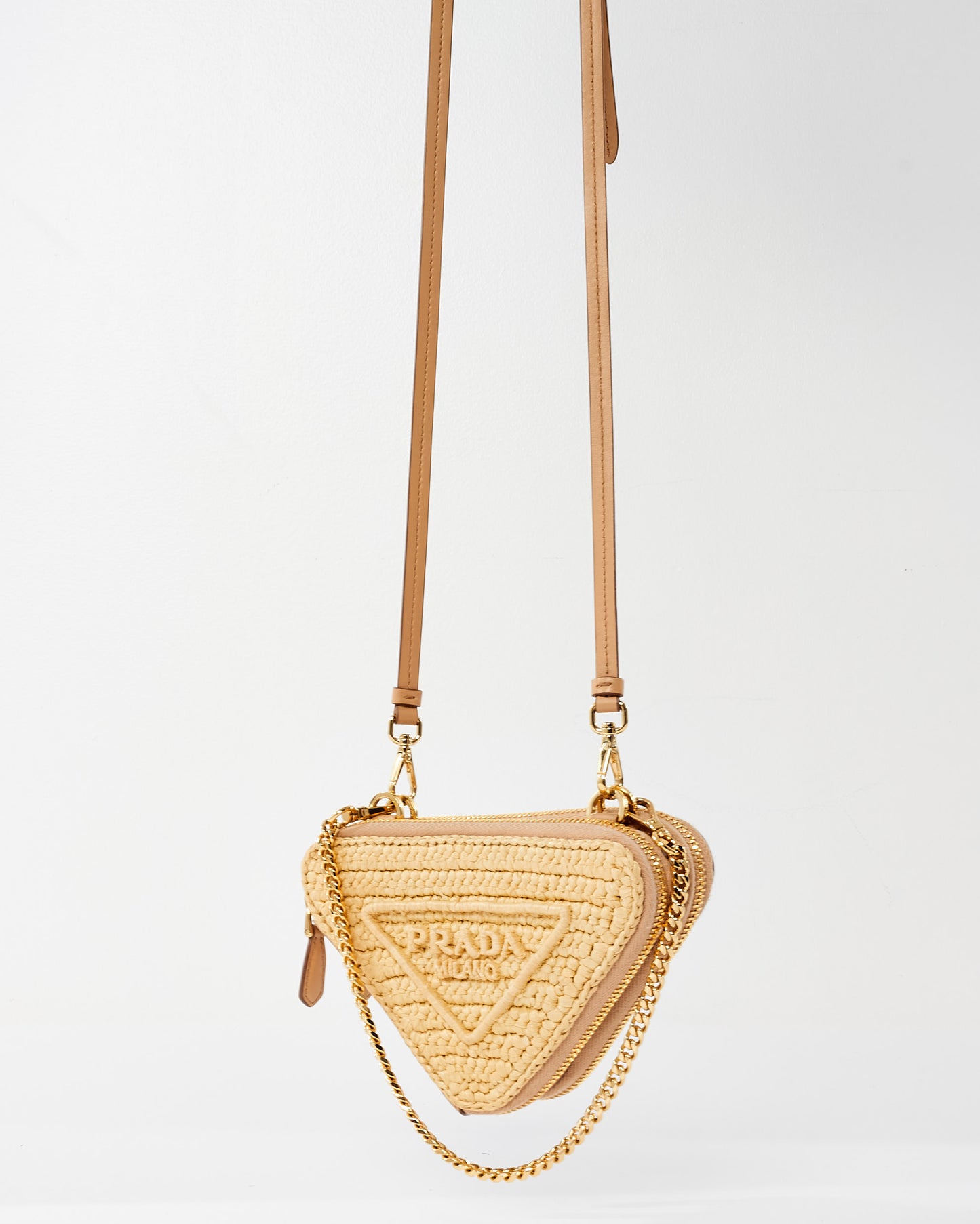 Prada Beige Raffia Crochet & Leather Mini Pouch Crossbody Bag