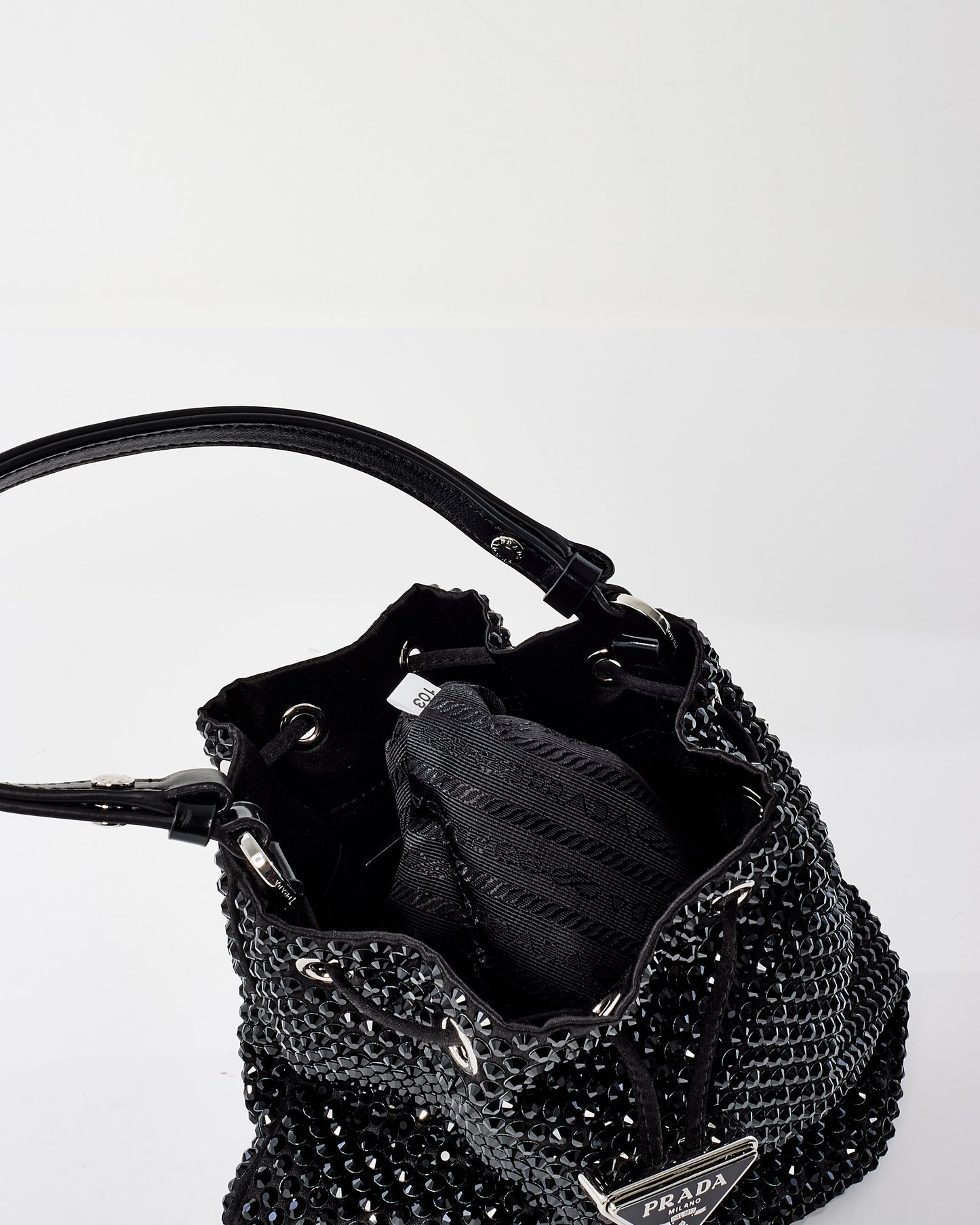 Prada Satin Black Crystal Mini Bucket Bag