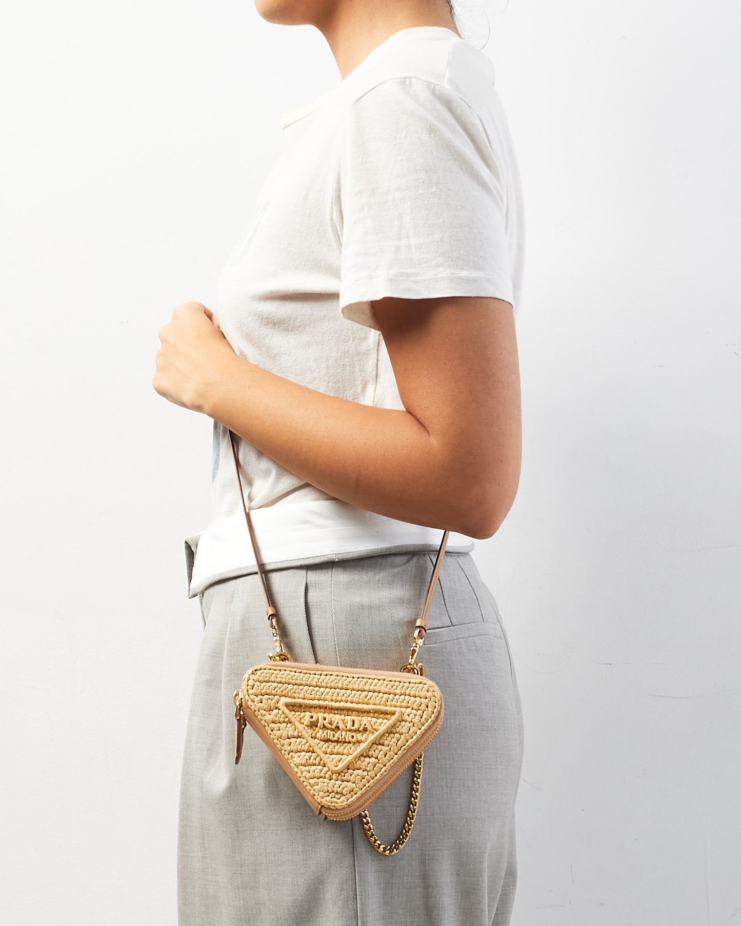 Prada Beige Raffia Crochet & Leather Mini Pouch Crossbody Bag