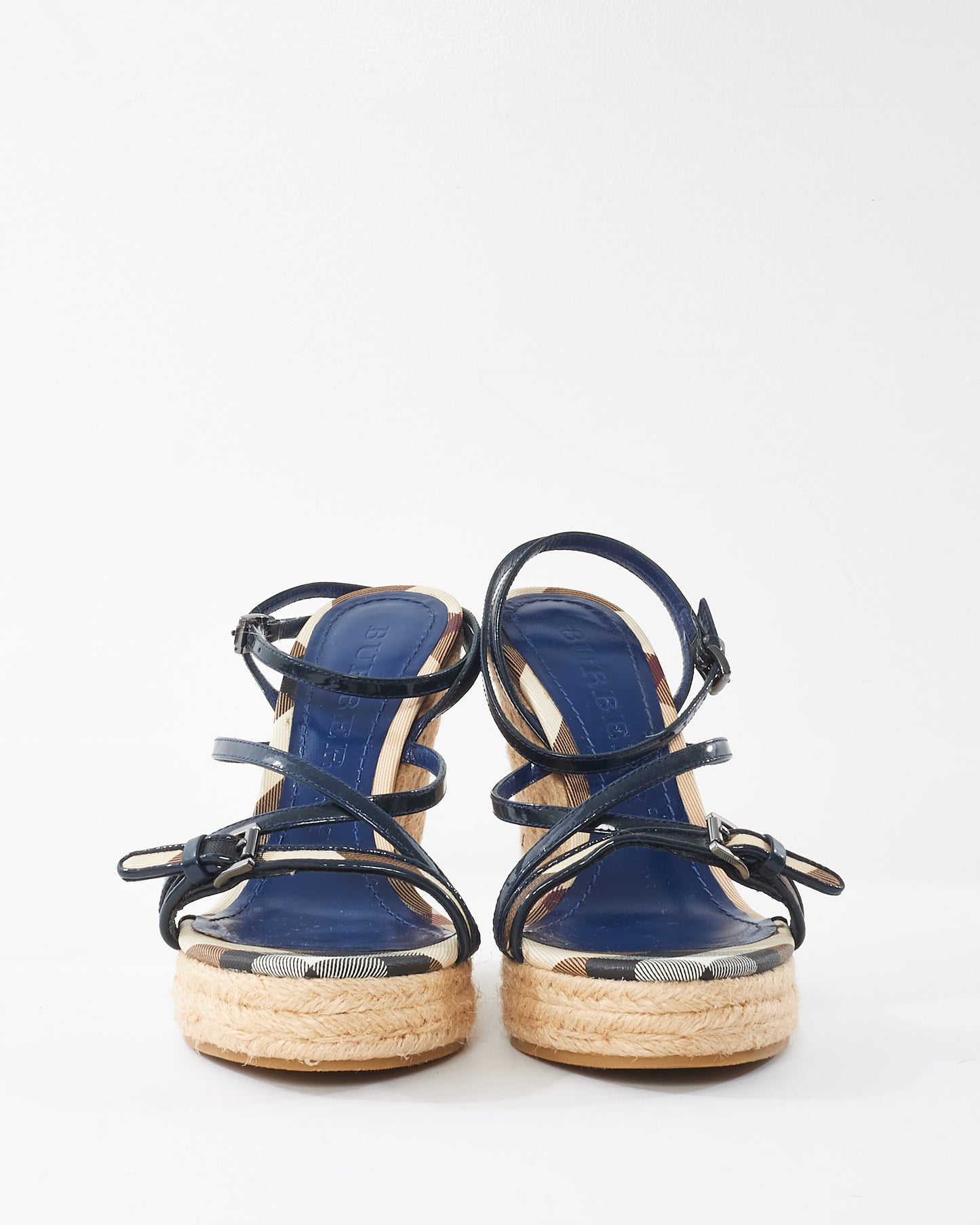 Burberry Blue Patent & Canvas Nova Check Espadrille Wedges - 36