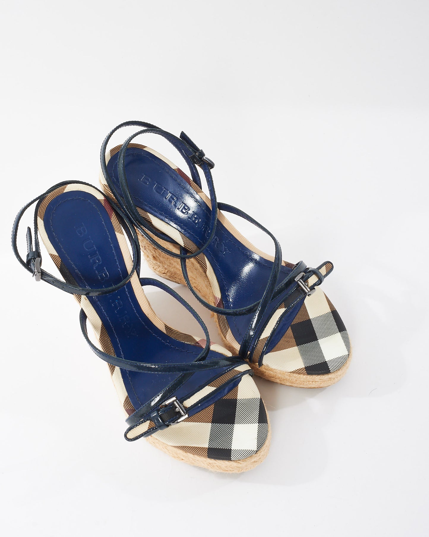 Burberry Blue Patent & Canvas Nova Check Espadrille Wedges - 36