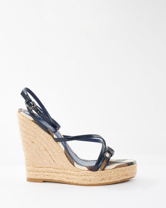 Burberry Blue Patent & Canvas Nova Check Espadrille Wedges - 36