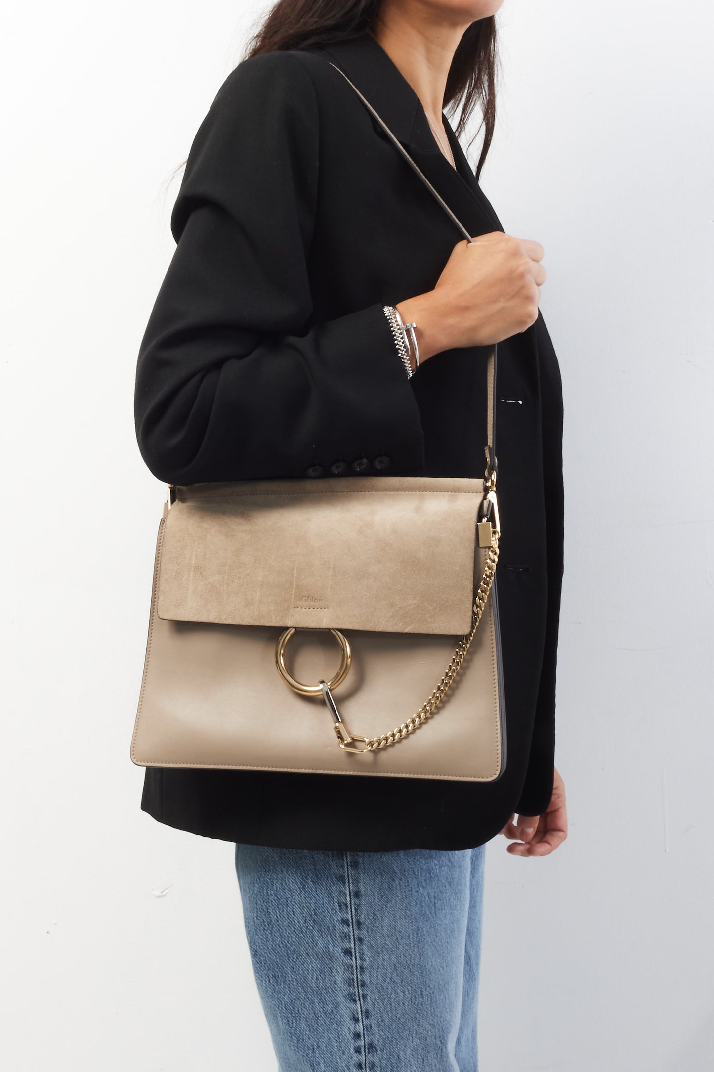 Chloé Taupe Suede & Leather Medium Faye Crossbody Bag