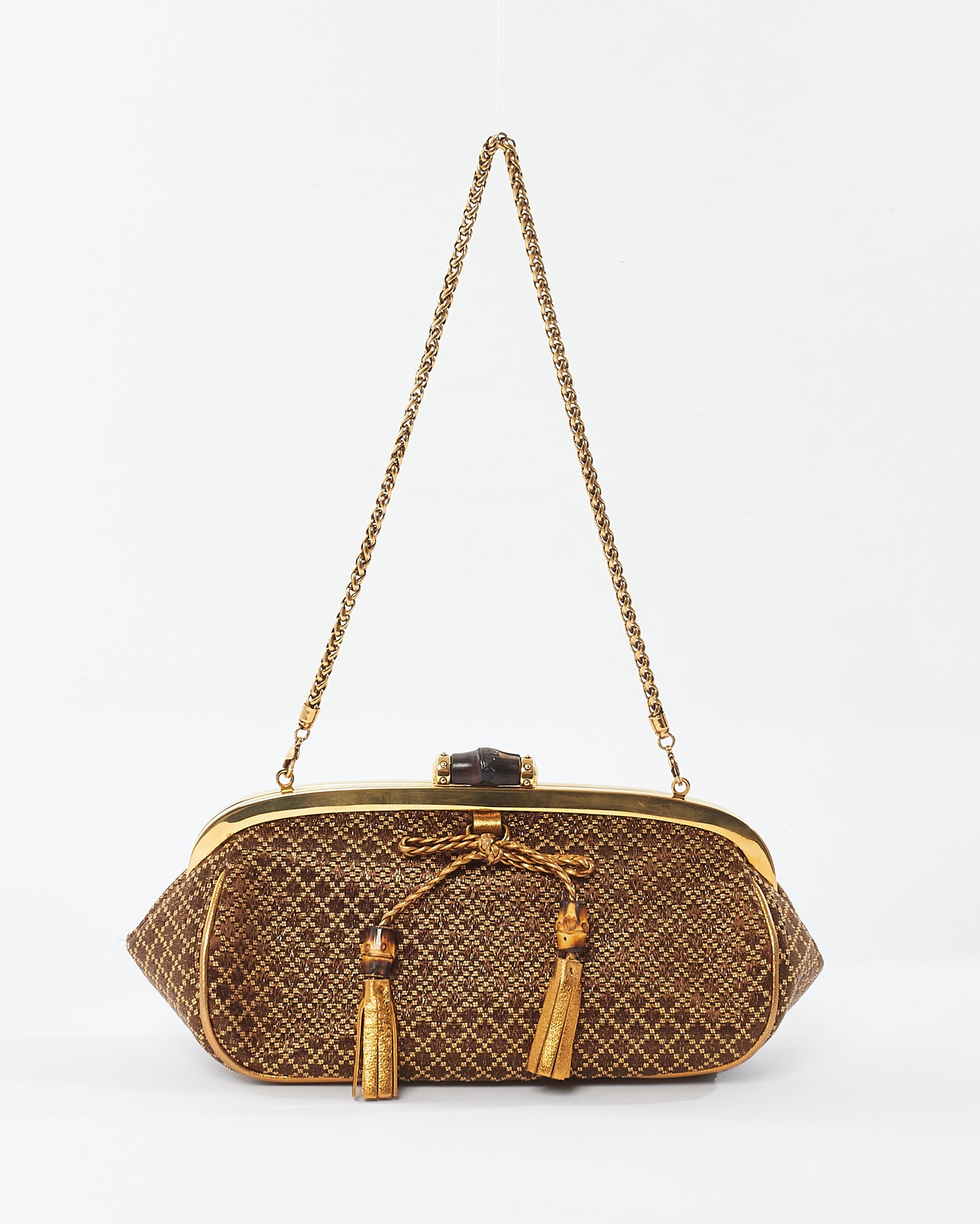 Gucci Vintage Brown & Gold Bamboo Shoulder Chain Clutch